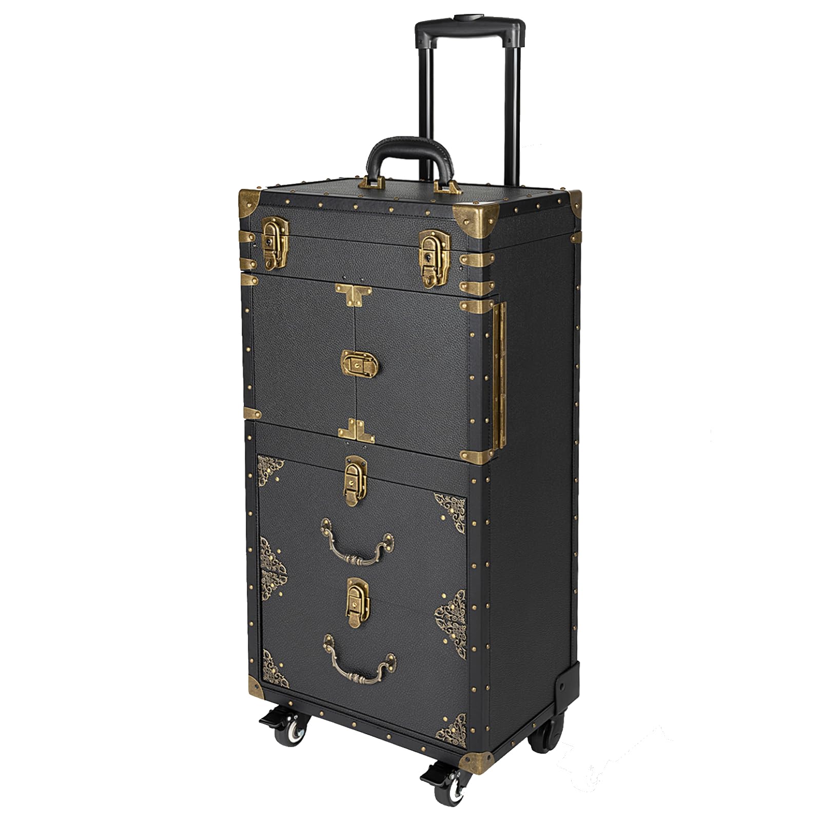 UIdili Rolling Makeup Train Case with Drawer, Large Capacity Lockable Hairdressing Trolley Stylist Storage Trolley, Beauty Salon Cosmetic Luggage Travel Organizer Tool Box with Hair Dryer Holder