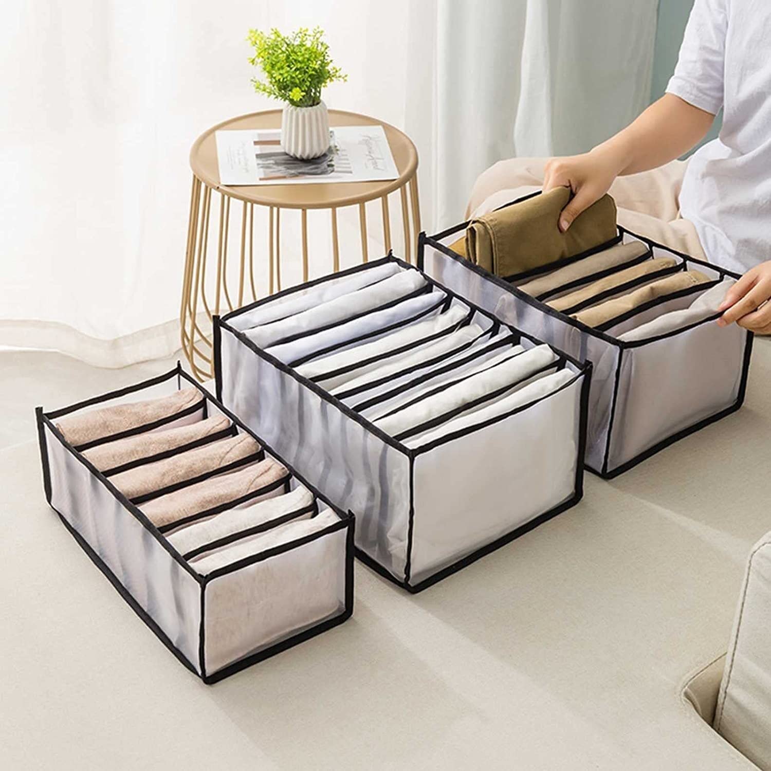 3 Pièces Boîte De Rangement Pour Compartiment Jeans Organisateur De Vêtements De Placard 6 Grilles Boîte De Séparation En Maille Pour Tiroir Closet Clothes Pour Pantalon T-shirt Sous-vêtements