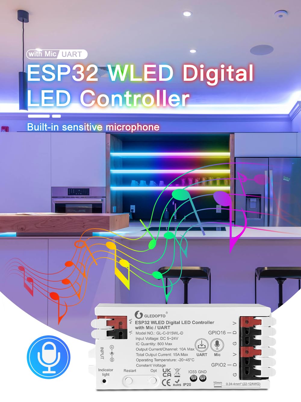 GLEDOPTO Controlador de banda WLED ESP32 Mic UART Descargar Música Modo dinámico RGB IC DIY WiFi APP Fácil de usar para WS2811/WS2812/SK6812/TM1814/WS2813/WS2815 FCOB