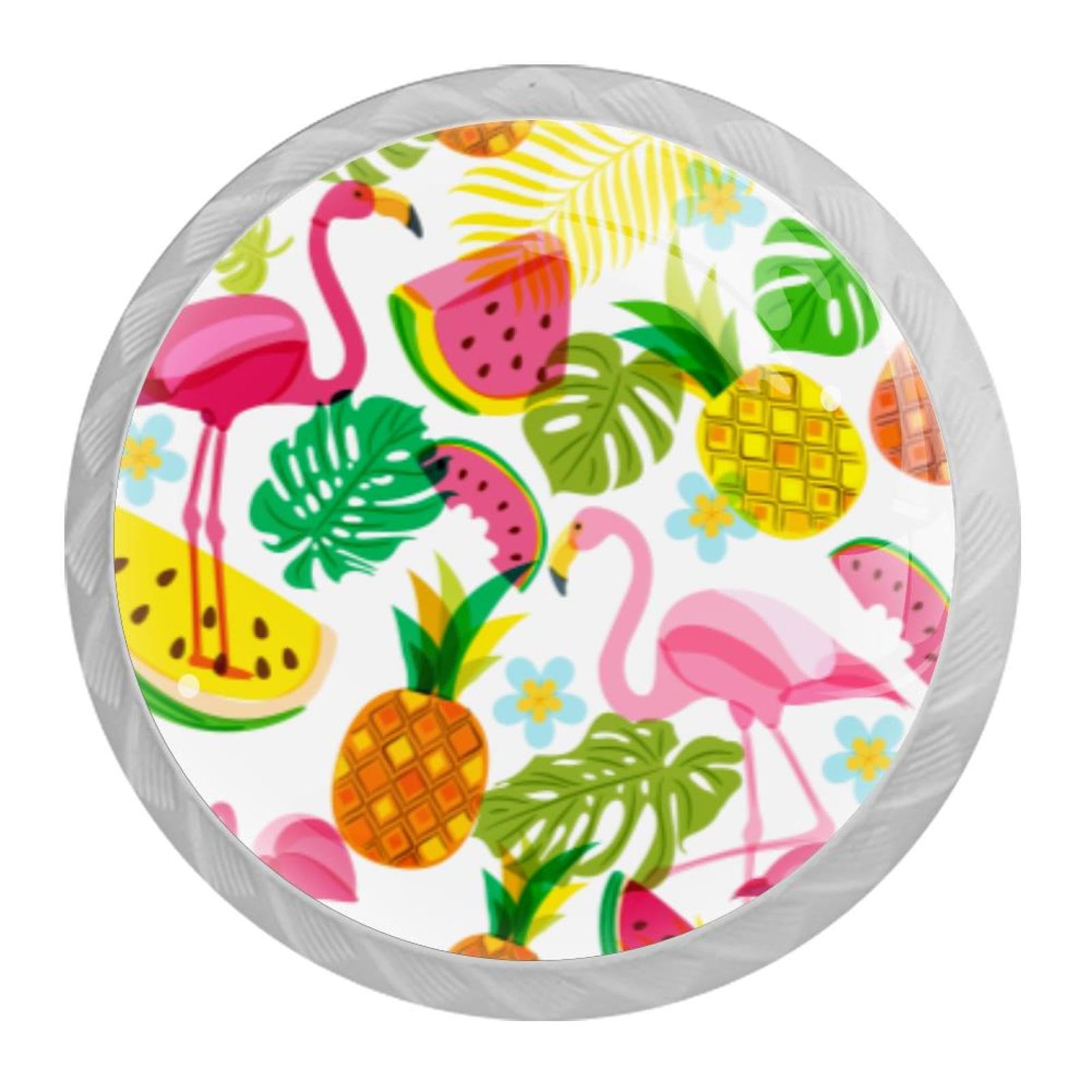 Tqmspg Multi12 4 Pieces Drawer Pulls Flamingo Watermelon And Pineapples Door Knobs Dresser Handles For Kitchen Wardrobe Cupboard Hardware Furniture
