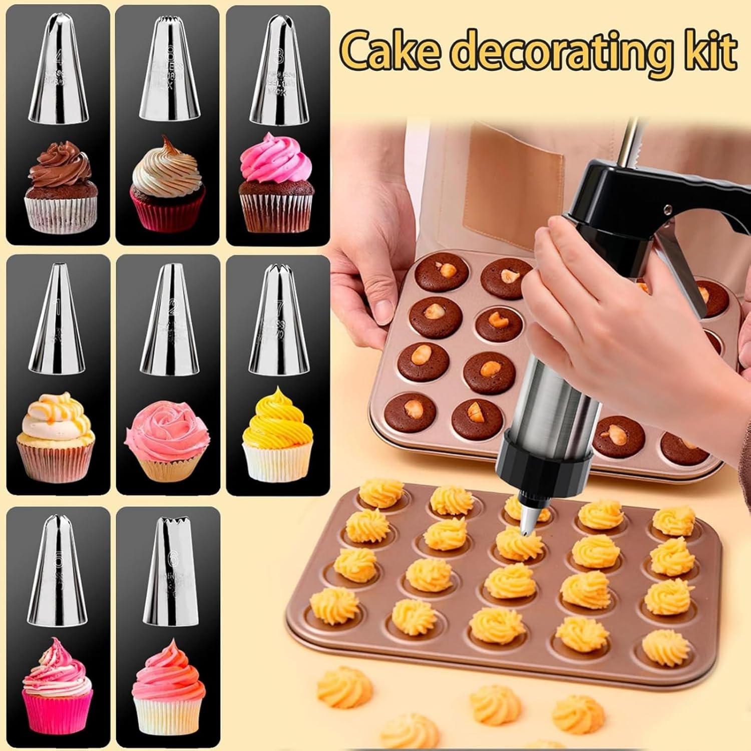 Cookie Press Gun Kit, Stainless Steel Spritz Cookie Press Maker Gun with 8 Piping Tips and 13 Cookie Floral Fragmentfor DIY Biscuit Maker Cake Dessert Making and Decorating