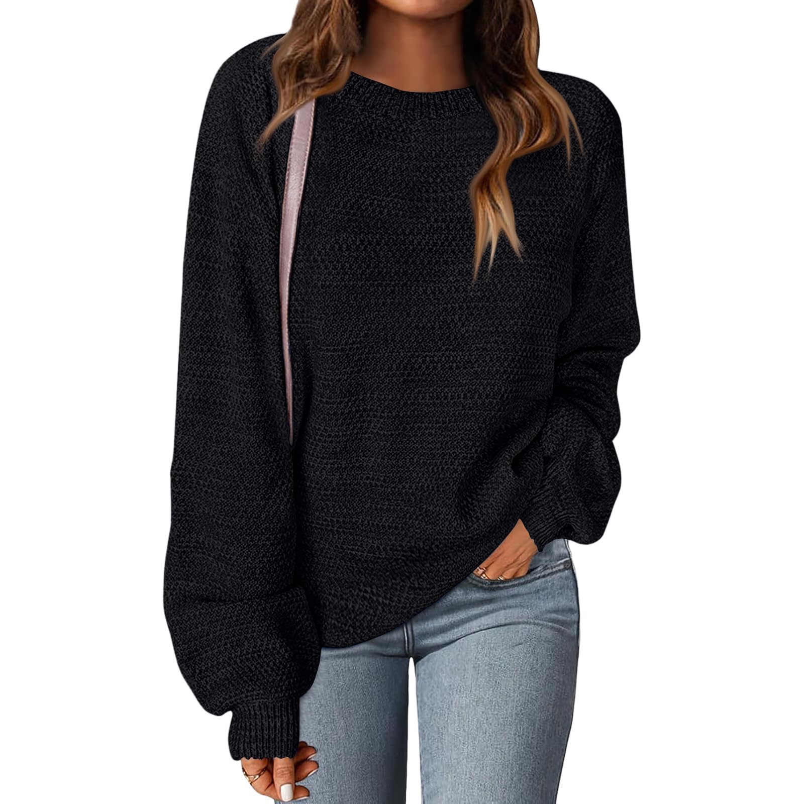 Womens Crew Neck Sweaters Pullover Casual Versatile Knit Lightweight Solid Color Top Long Sleeve Dressy