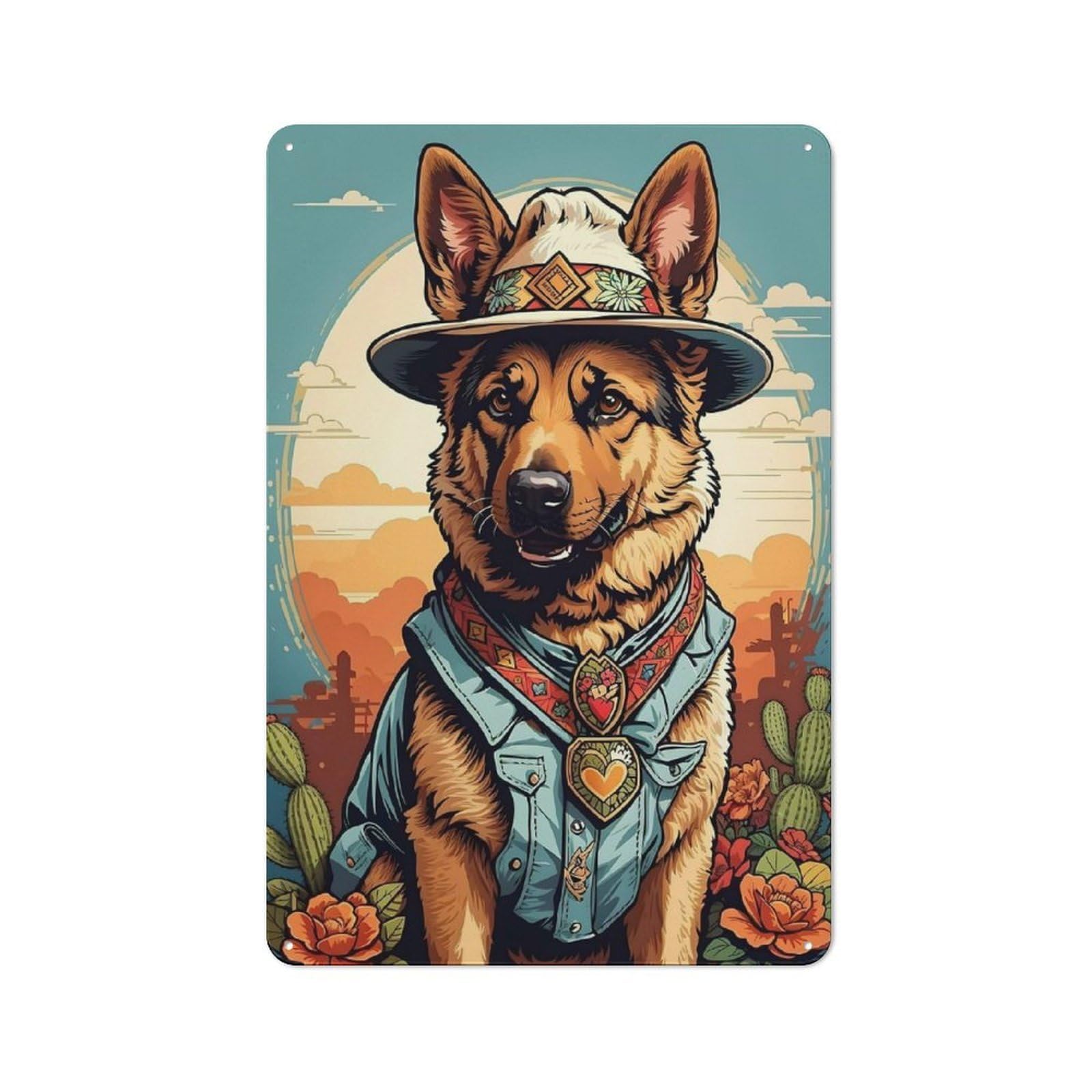 Retro Retro Metal Sign 30x20cm Featuring German Shepherd Cowboy, Old Style Wall Plaque for Lounge, Study, Pub Or Wall Gallery
