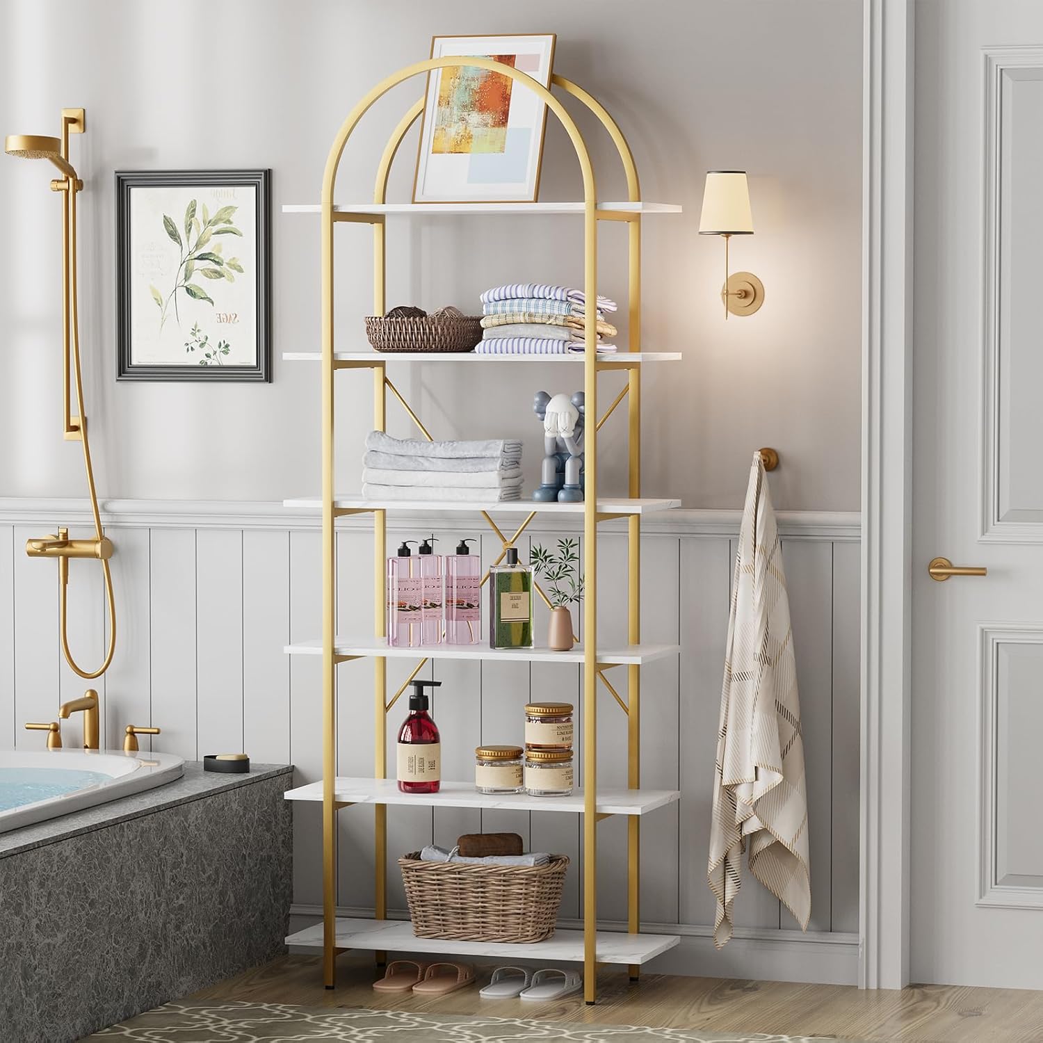 6 Tier Bookshelf, 83" Tall Arched Bookcase, Tall Book Shelf with Metal Frame, Modern Display Standing Shelf for Living Room, Home Office, Bedroom, Gold - Image 5