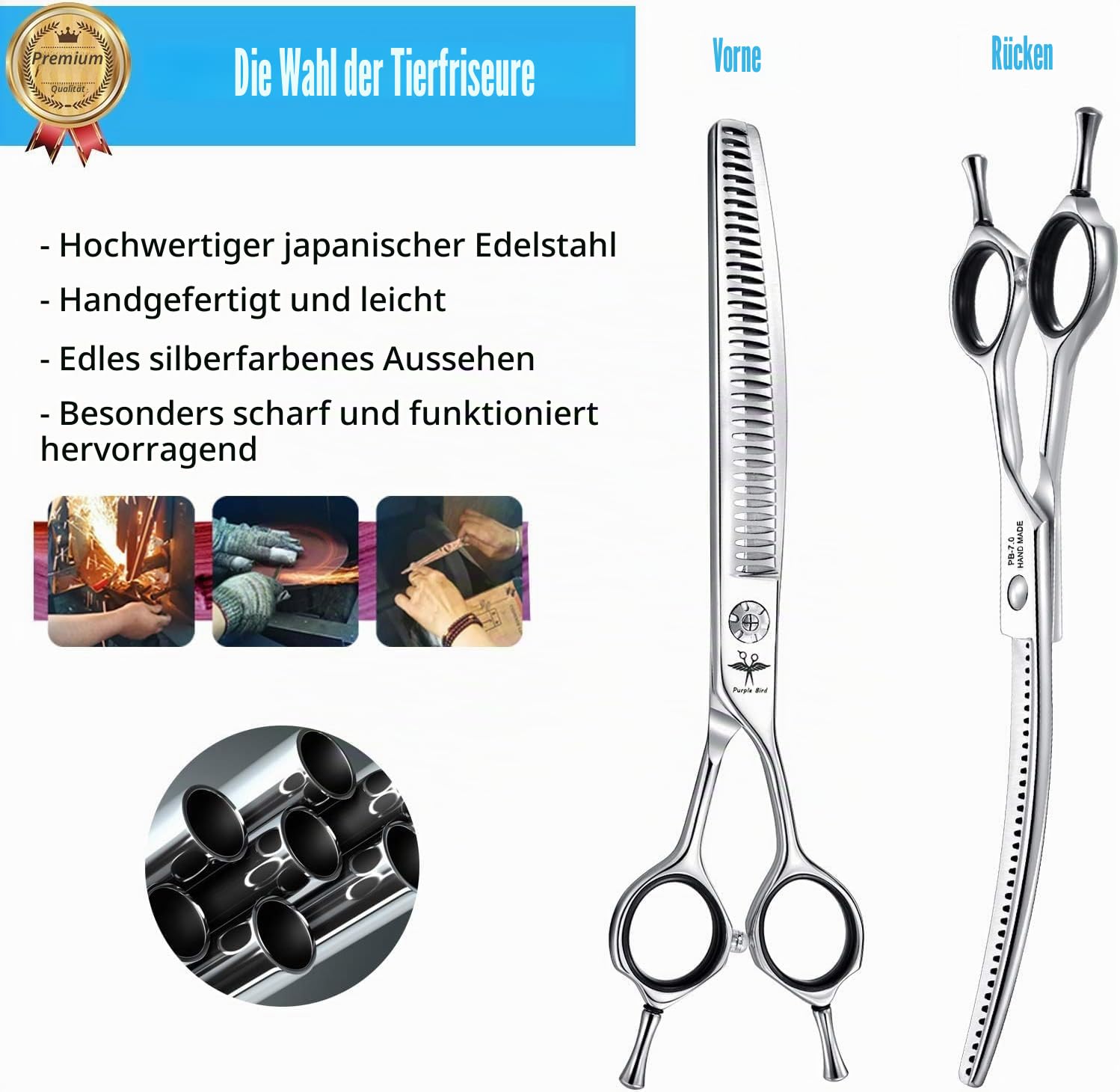 PURPLEBIRD Fellschere 7 Inch Hundeschere Gebogen, Fellschere Katze, Effilierschere Hund zur Fellpflege für alle Hunde Katze, Schneiden und Grooming, Japanischer Edelstahl 440C Handarbeit