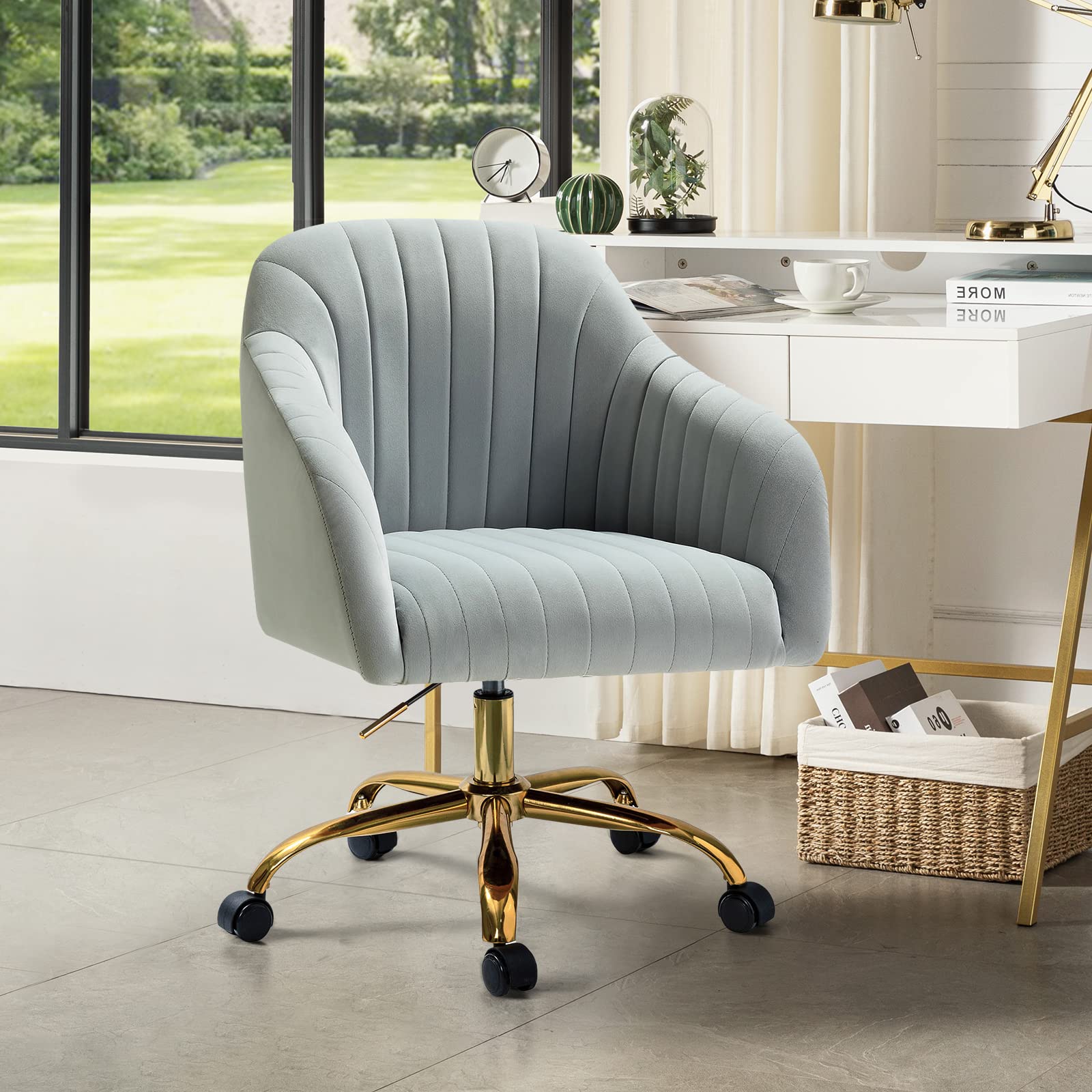 HULALA HOME Velvet Home Office Desk Chair, Modern Cute Computer Task Chair, Wheels Swivel Height Adjustable Upholstered Vanity Chair for Women, Girls