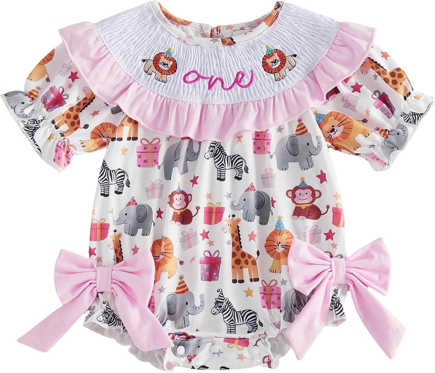 Pudcoco Baby Girls First Birthday Outfit 1st Birthday Romper Coquette Bow Bubble Smocked One Embroidery Ruffle Jumpsuit