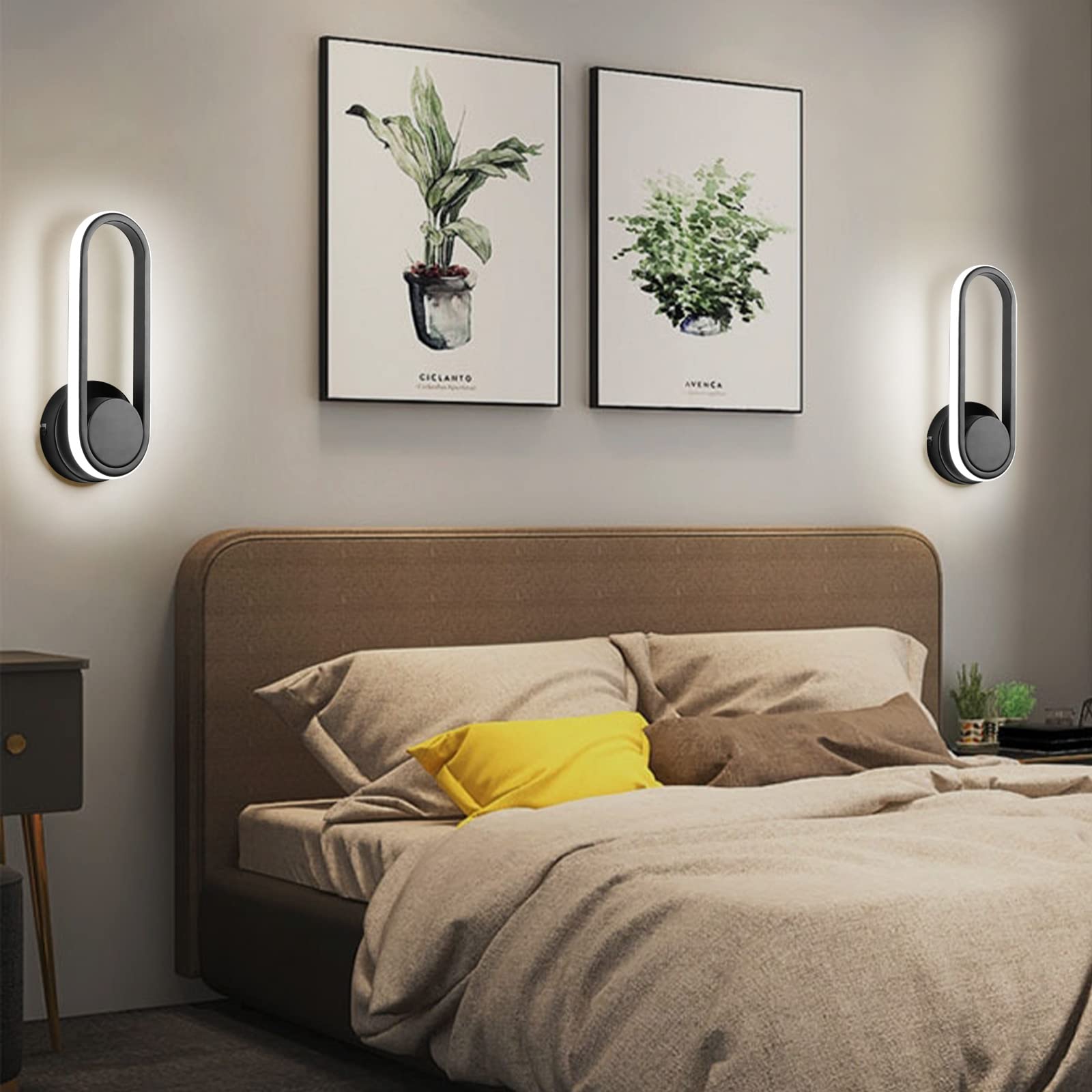 Aplique de pared interior moderno de 12 W, giratorio, 330°, LED, negro, para dormitorio, sala de estar, hotel, pasillo, pasillo, pasillo, blanco frío, 6000 K 6