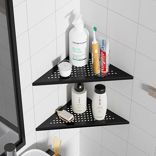 Miniatura 2 de Neodrain Juego de 2 estantes esquineros de pared de color negro mate de 12 pulgadas, estantes de esquina flotantes para pared, estantes de