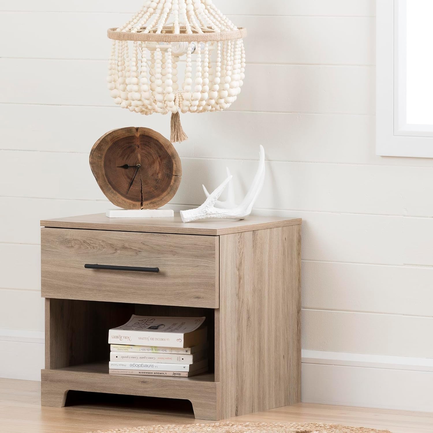 Rustic Oak 1-Drawer Nightstand with Metal Handle and Open Shelf