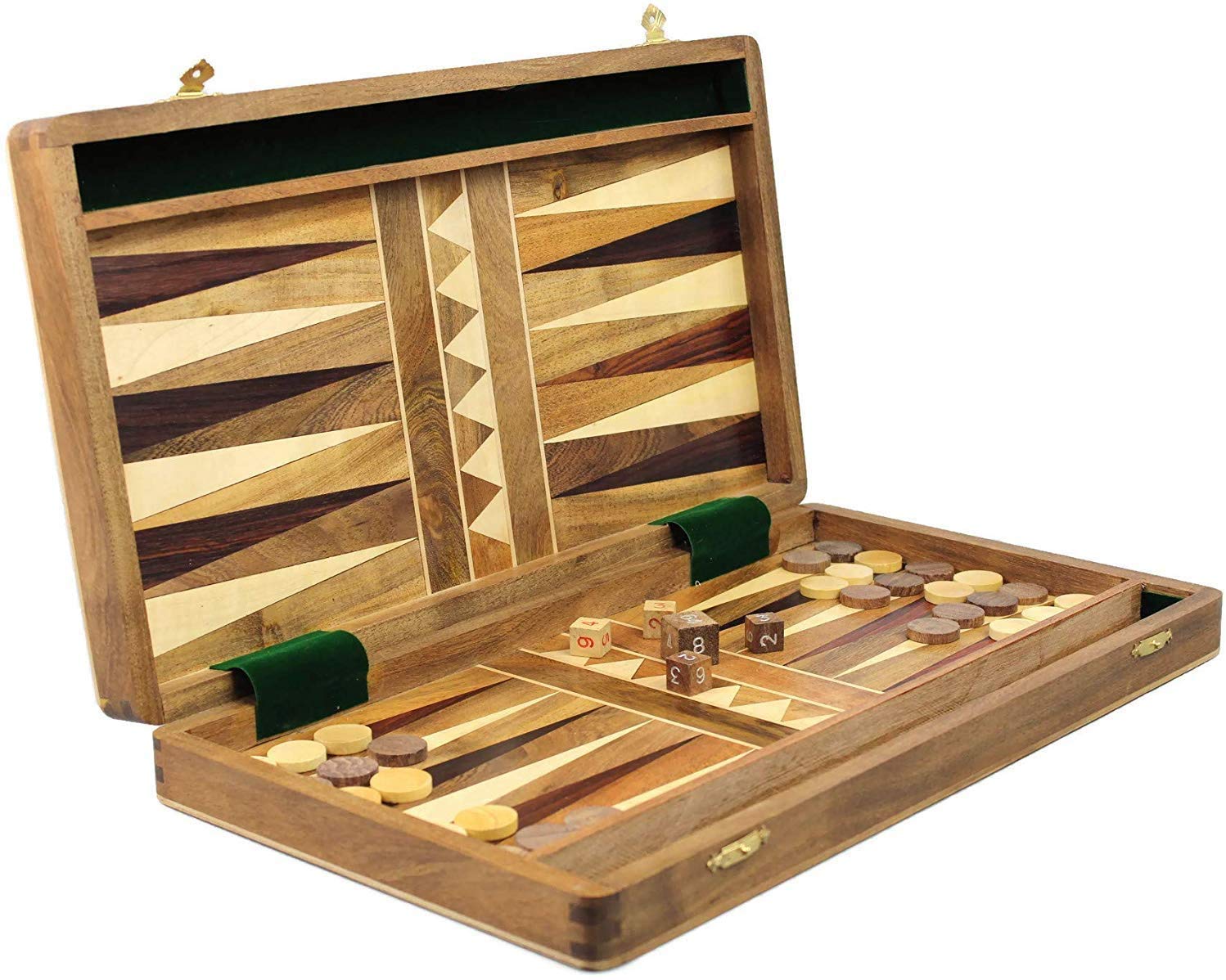 BACKGAMMON zestaw płytka inkrustowana ręcznie wykonane lite drewno z pojedynczymi elementami i dyszą w zestawie 25 cm