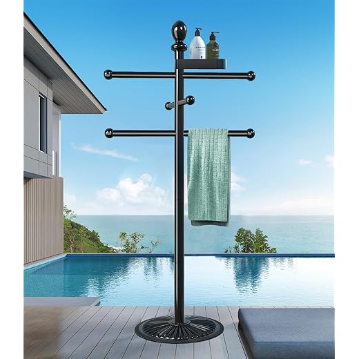 Pool Towel Rack Outdoor, 6 Bars with Top Tray Metal Heavy Duty Never Tilt Pool Accessories with Heavy Metal Base, Hot Tub Accessories Towel Dying Rack Towel Stand for Pool, Hot Tub etc
