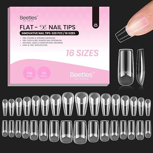 Beetles Gel Nail Tips Flat-X - Square Coffin Medium, 320pcs 16 Sizes, Pre-Etched Half Matte Full Cover Soft Acrylic Press on Easy DIY False Nail Extension Salon for Flat & Natural Nail Beds