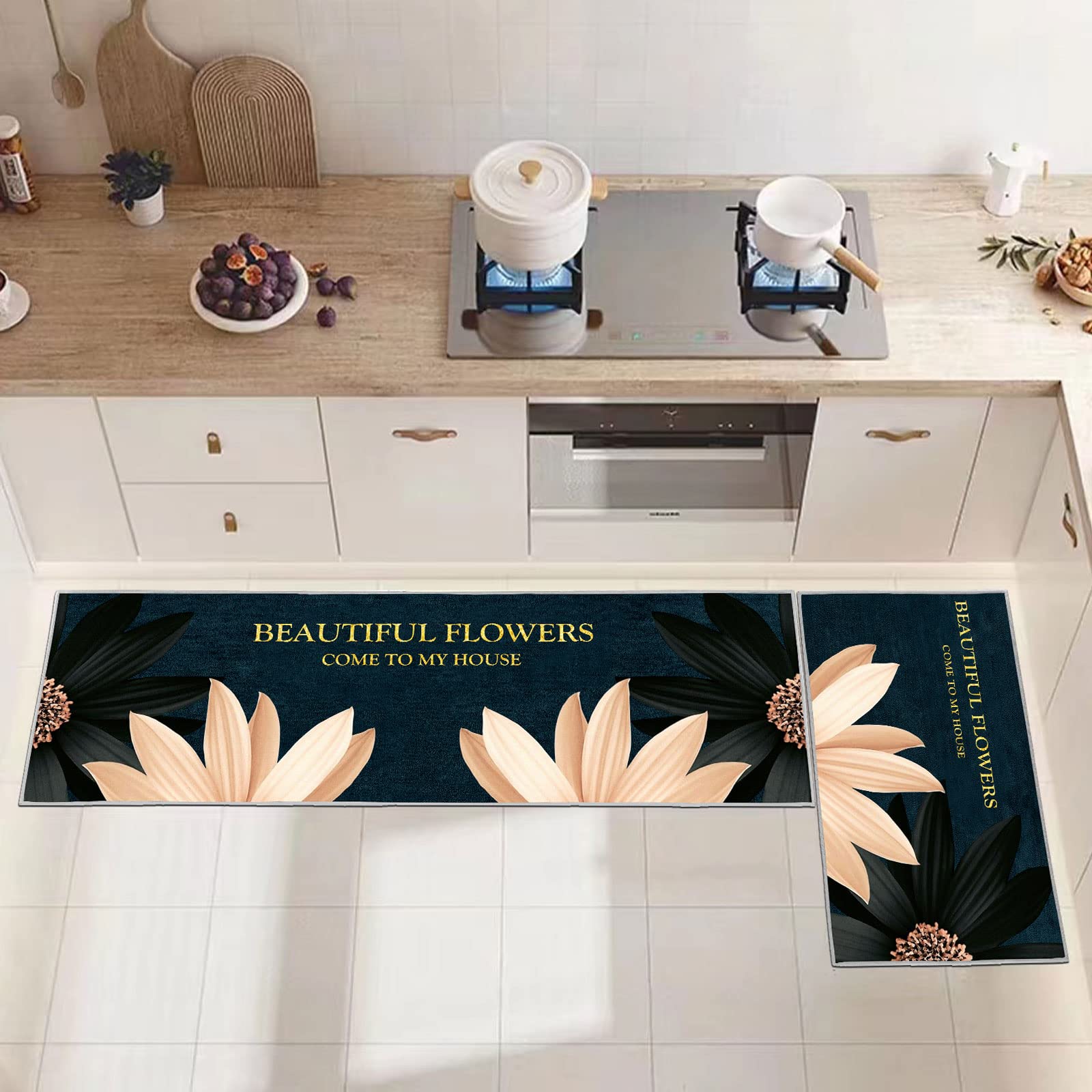Lot de 2 Tapis de Sol Anti-Fatigue Imperméables Antidérapants Confortables Floral A 40x60+40x120cm