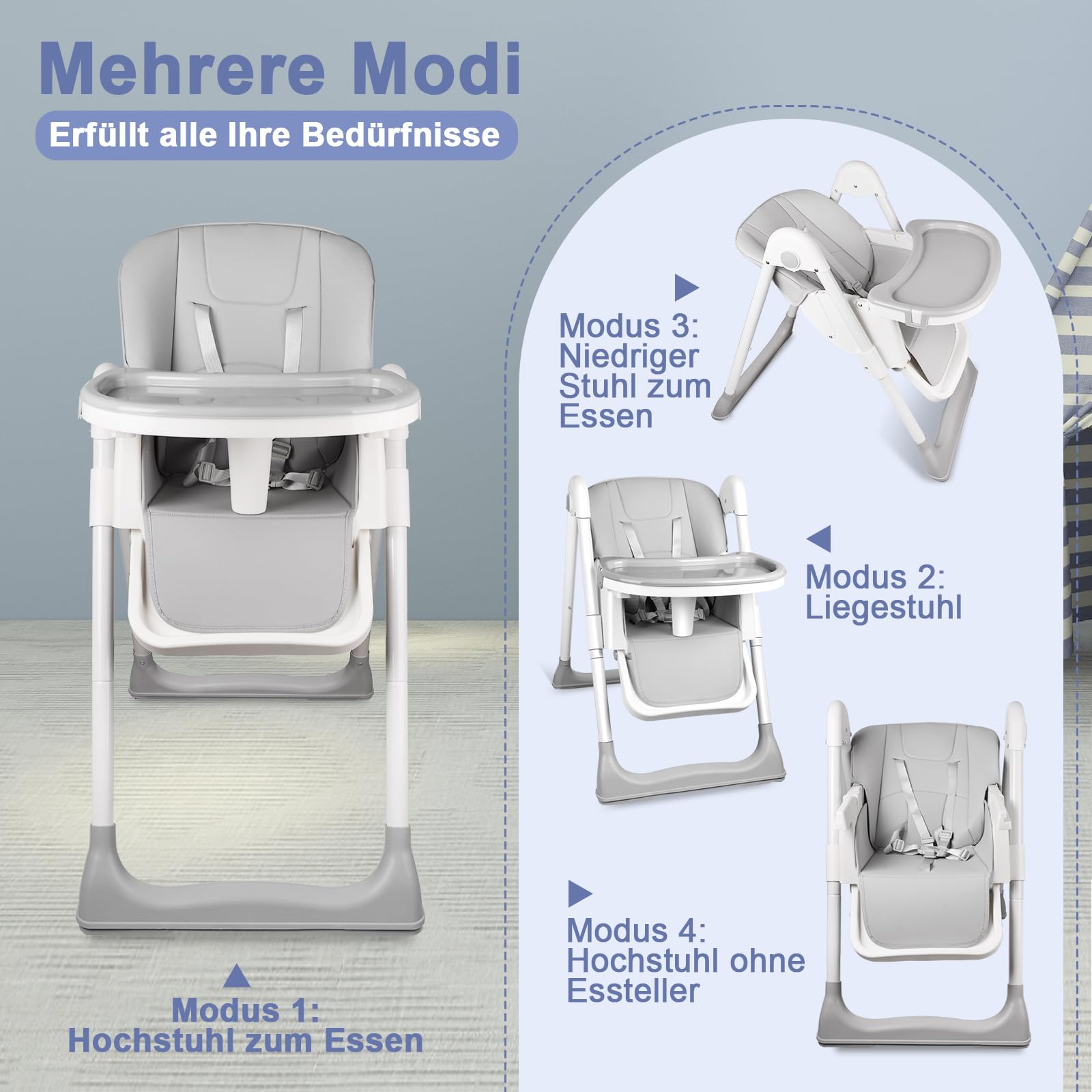 Hochstuhl Baby, Kinderhochstuhl mit Babyliege, Verstellbar Klappbar Hochstuhl Baby mit Essbrett,Korb, mitwachsend ab 6–36 Monate Jahre Babystuhl,Grau