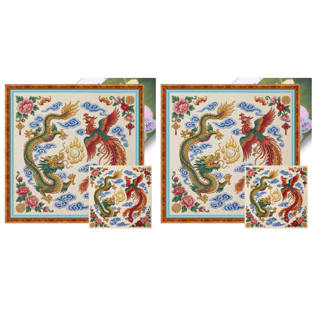 Dragon Phoenix Prosperity Full 14CT DIY Cross Stitch Kit 17.71x17.71inch Beginner Embroidery Needlepoint Home Decor