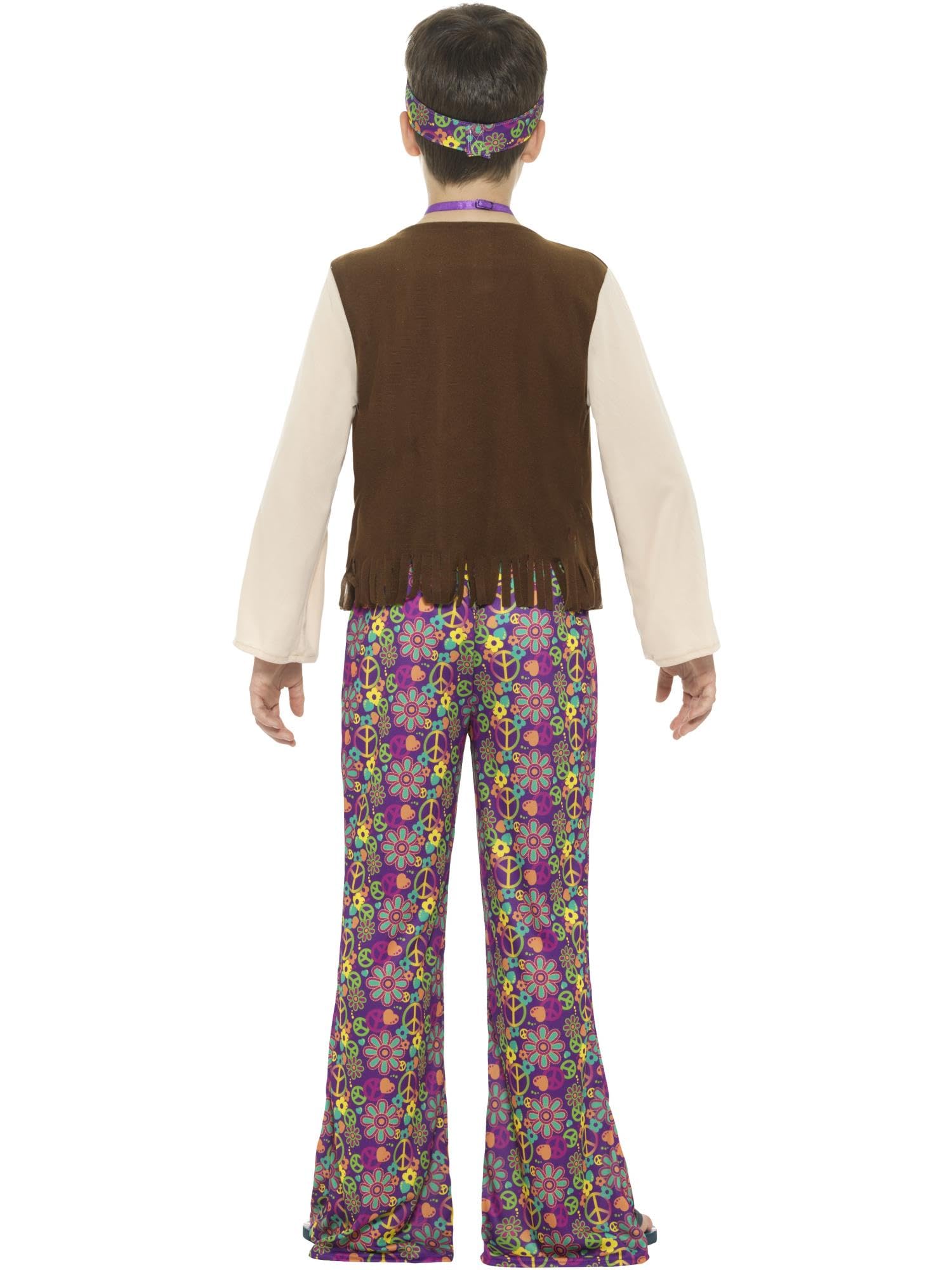 SMIFFYS Costume Hippie, da ragazzo, multicolore, con top, gilet attaccato, pantaloni, medaglia