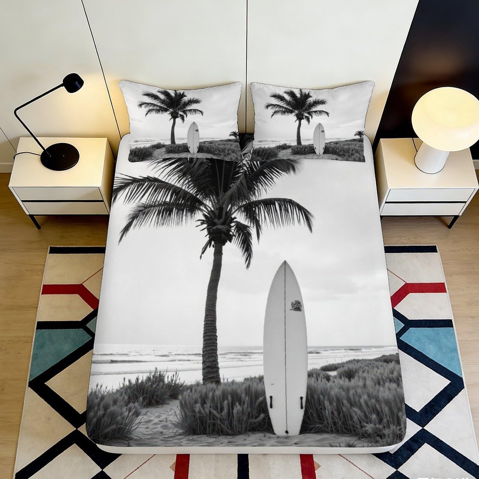 3D Printed Palm Tree Fitted Sheet Microfiber Black White Surfboard Bed Cover for Bedroom Guest Room Decor 90x200x25cm