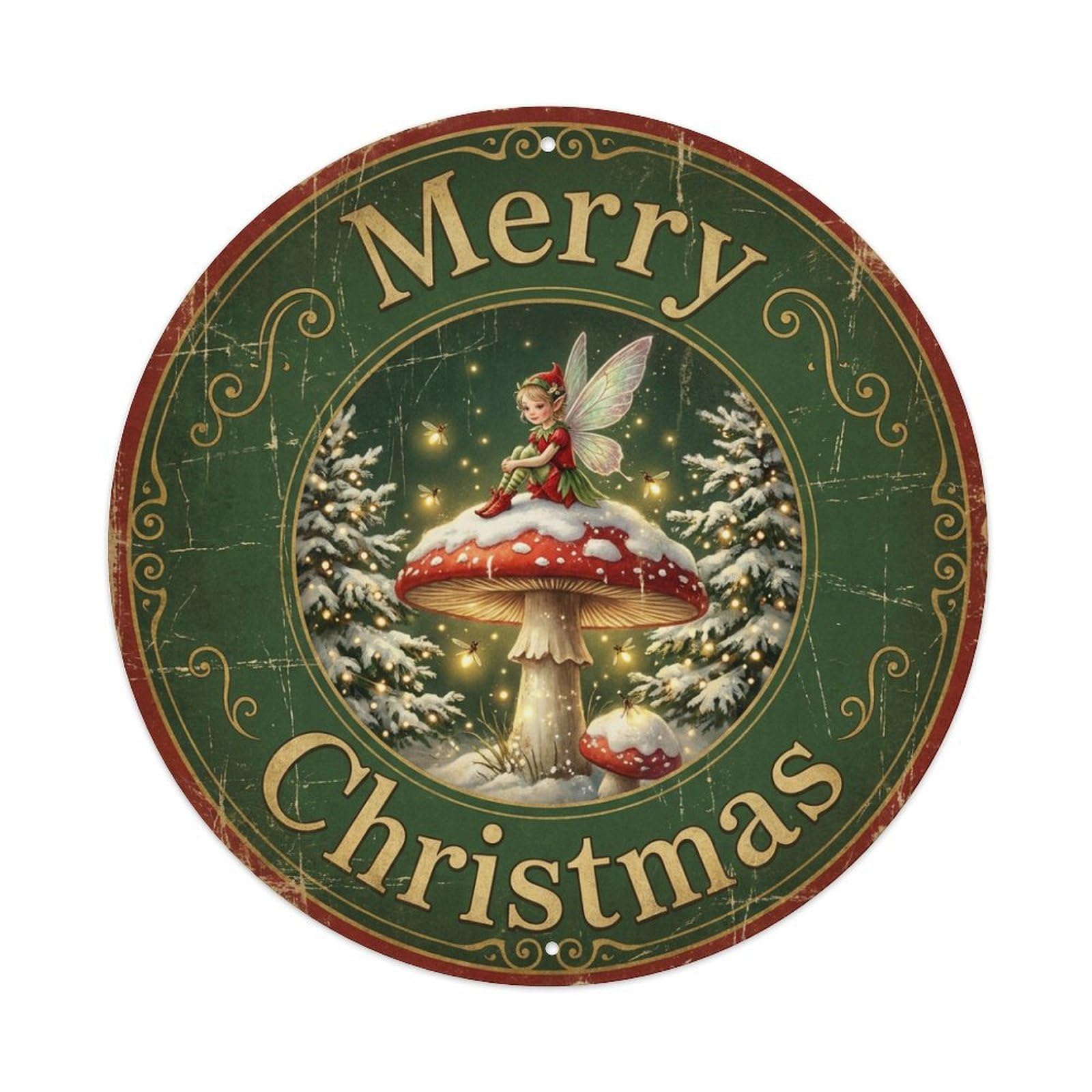 Merry Christmas Woodland Mushroom Fairy Metal Tin Sign