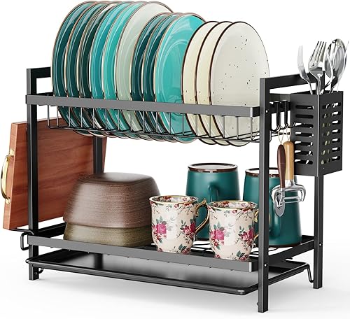 Veckle Escurridor de platos, escurridor de platos de 2 niveles, resistente al óxido, pequeño escurridor de platos con bandeja de drenaje, soporte