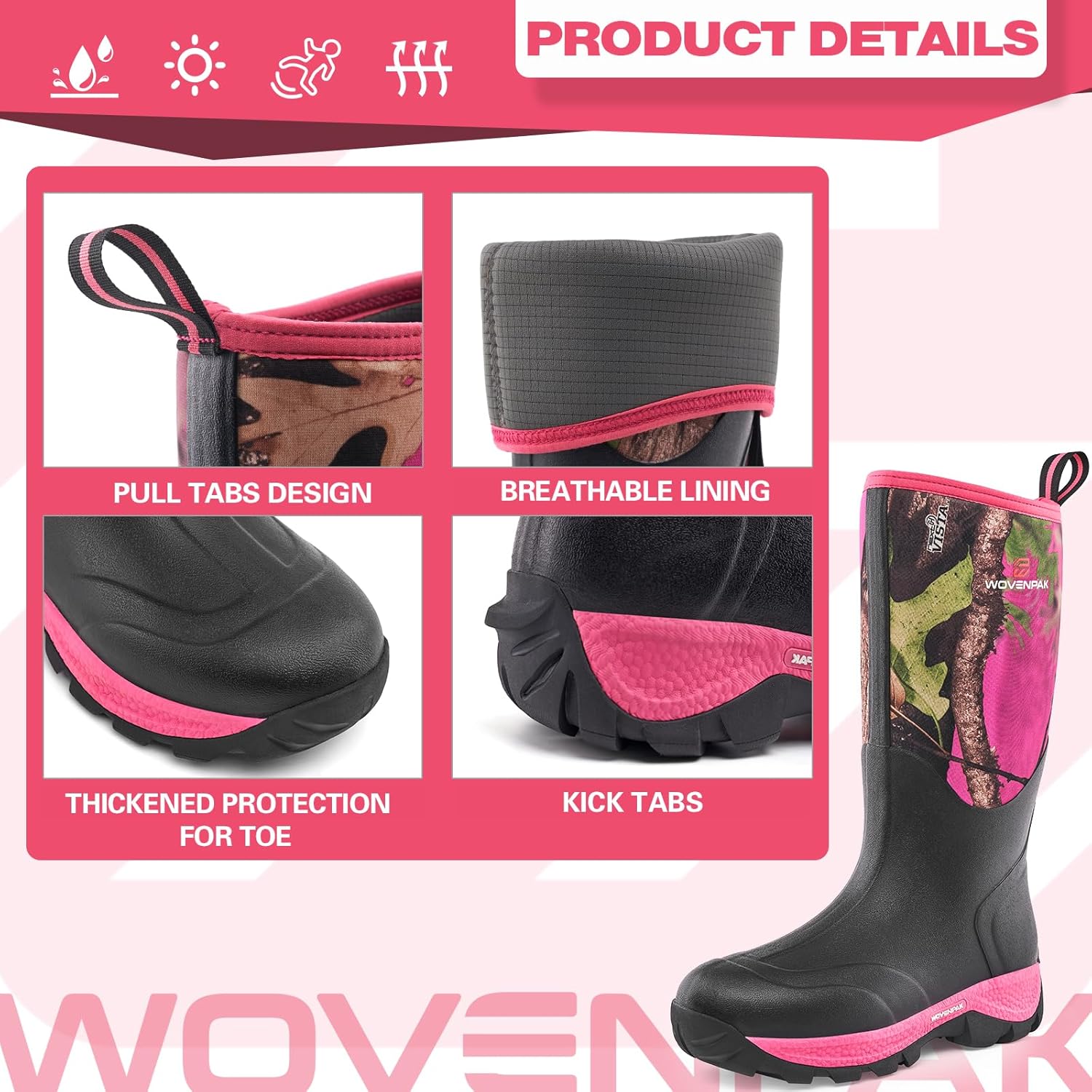 WOVENPAK Rubber Boots for Women, Waterproof Rain Boots Women with Steel Shank, Insulated Hunting Boots, Neoprene Garden Mud Boots All Season for Hunting, Gardening, Farming, Size 6-11 - Image 2