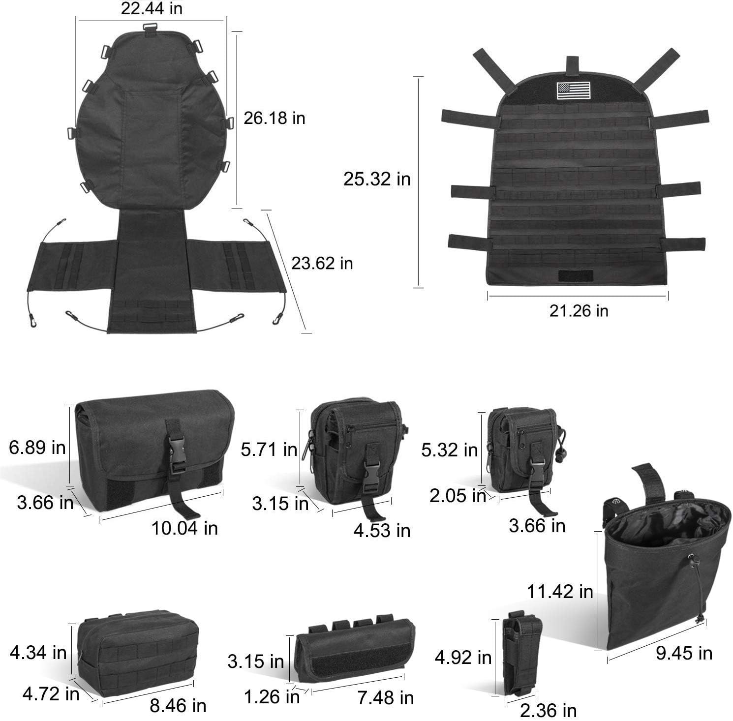 Universal Front Seat Cover Case Storage Bags Muti-Compartments Holder Pockets Molle Pouches Stuff Organizer (Black)