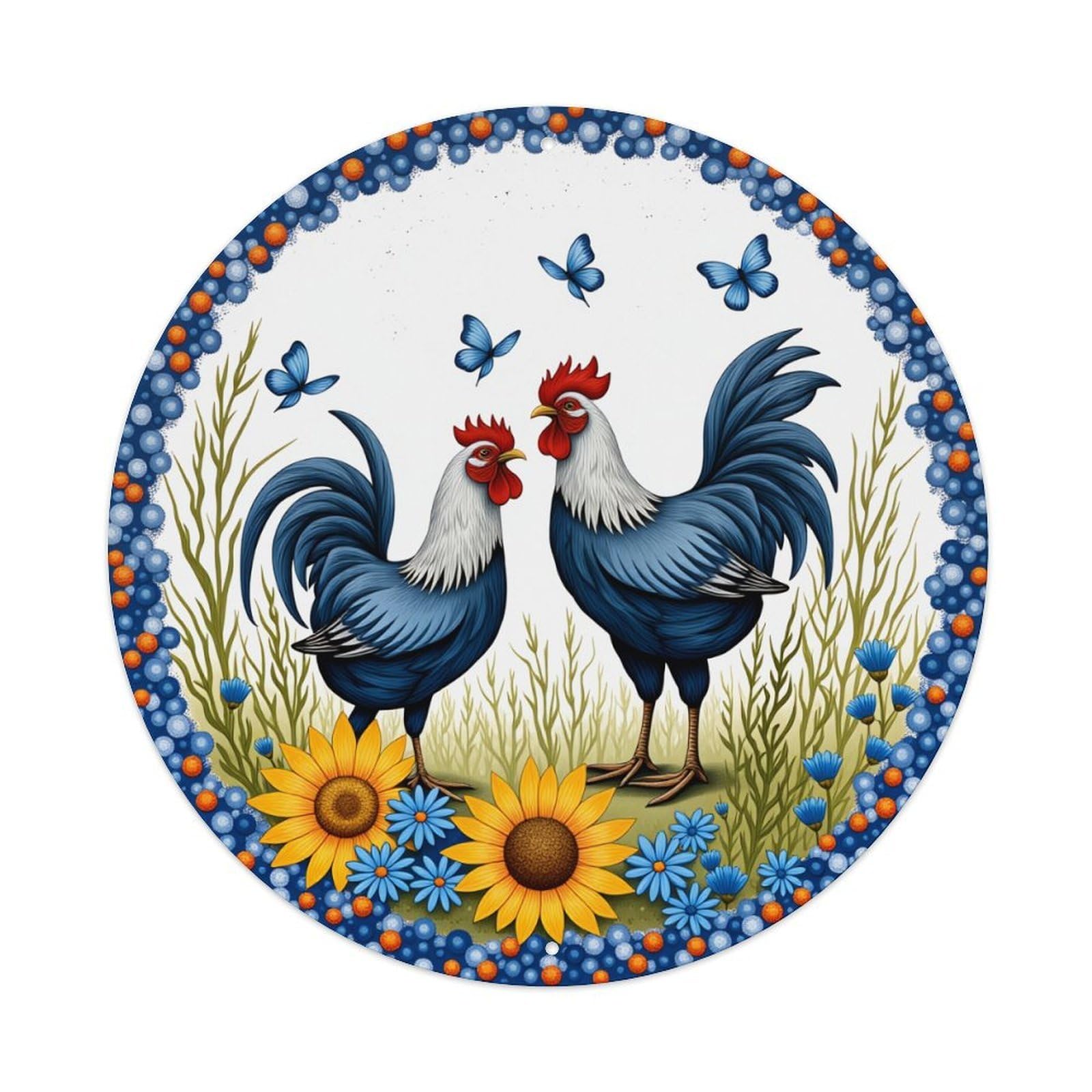 Rooster And Hen With Flowers Round Tin Sign Retro Metal Sign for Cafe Bar Pub Home Game Room Gym Club Wall Decoration Vintage Metal Poster 8x8 Inch