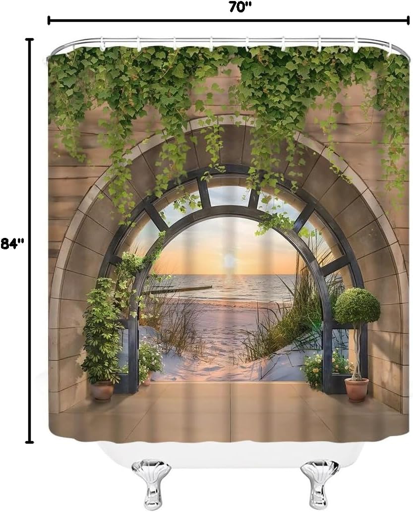 Nature Ocean Scenery Shower Curtain Green Leaves Retro Arch Door Ocean Beach Sunset Sunrise Nature Summer Scenery Rutsic Landscape Fabric Bathroom Decor Curtain with Hooks