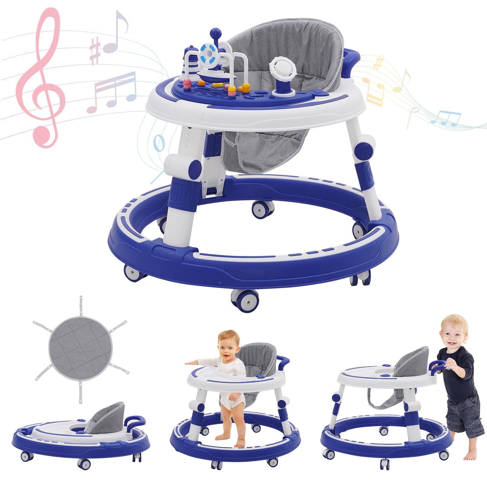 5 w 1 chodzik Baby Walker, z regulacją wysokości, składane, 360°, z muzyką i zdejmowaną tacą, nadaje się dla dzieci od 6 miesięcy