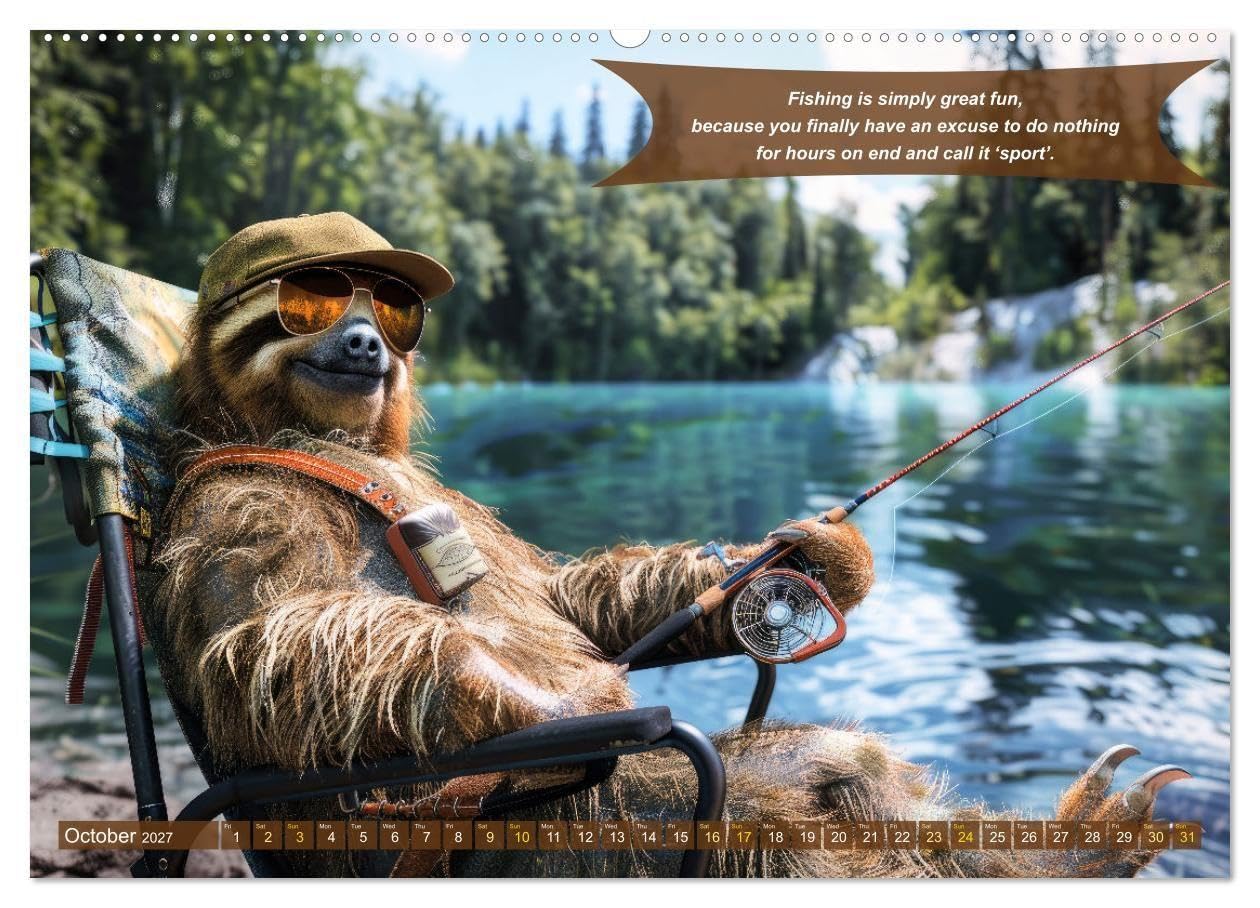 Funny charming animals as fishermen (Wall Calendar 2027 DIN A2 landscape), CALVENDO 12 Month Wall Calendar: Funny animals sit in fishing outfits at a lake fishing, accompanied by humorous sayings