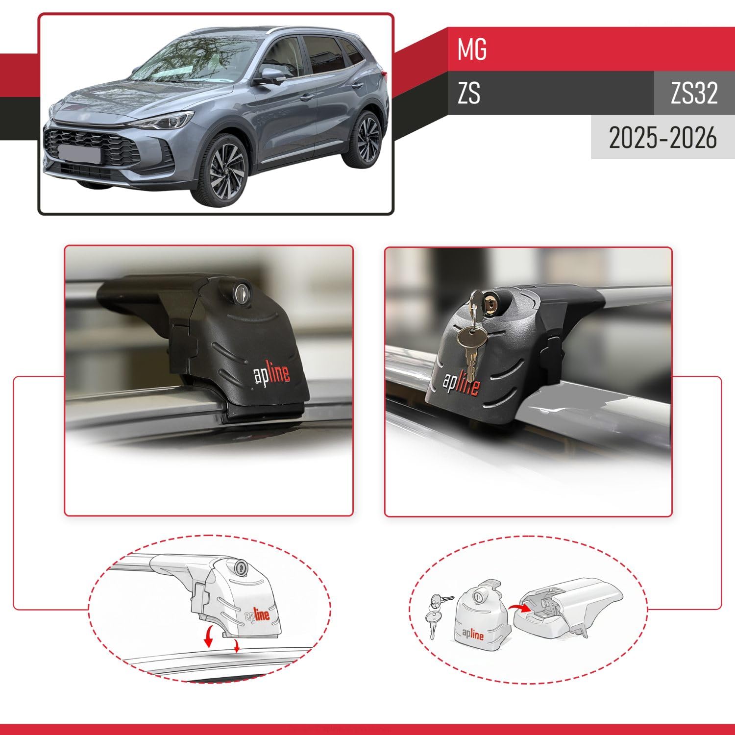 Compatible con MG ZS 2025-2026 Ace-2 Barras de Techo Auto Portaequipajes Barras Transversales Gris Aluminio 2 Barras