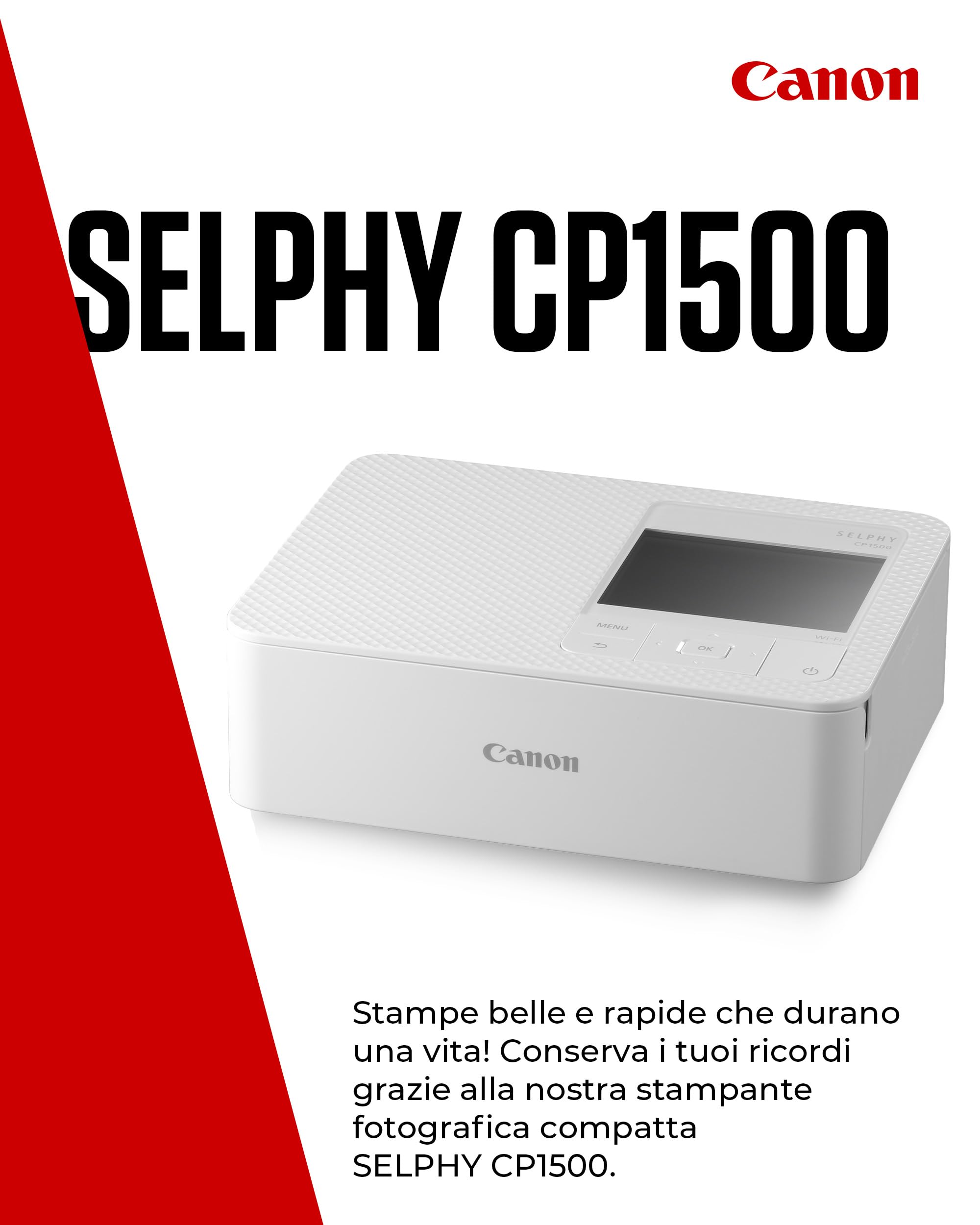 Canon Stampante fotografica portatile SELPHY CP1500 con kit carta, bianco - Stampante Bluetooth wireless con accessori - Compatta e leggera - Con 54 fogli di carta 4x6