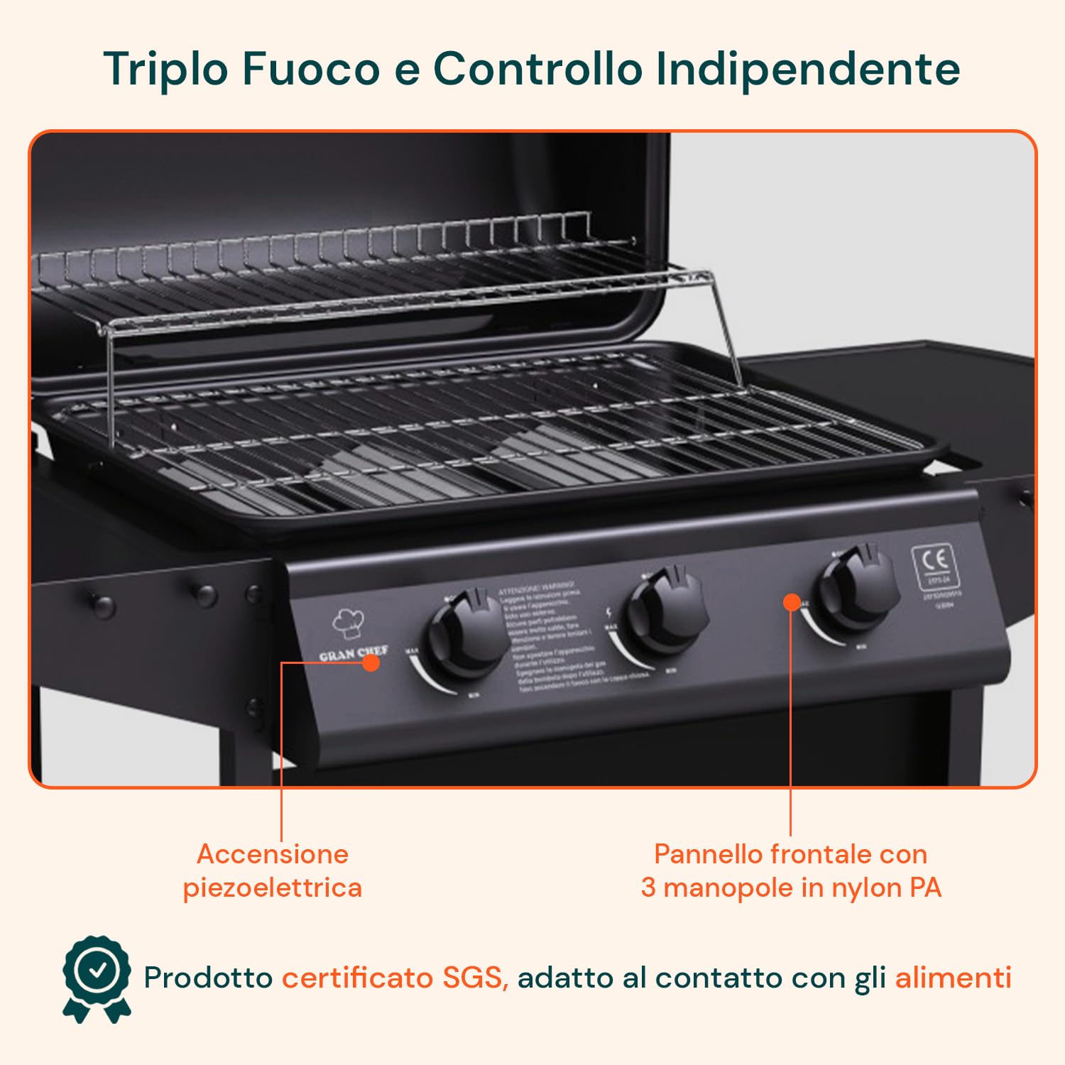 Avilia Barbecue a Gas 3 Fuochi Thomas – BBQ da Esterno in Acciaio Nero con Griglia Inox, Termometro, Cappa, Accensione Piezoelettrica e Ruote, Barbecue a Gas Esterno Compatto e Potente