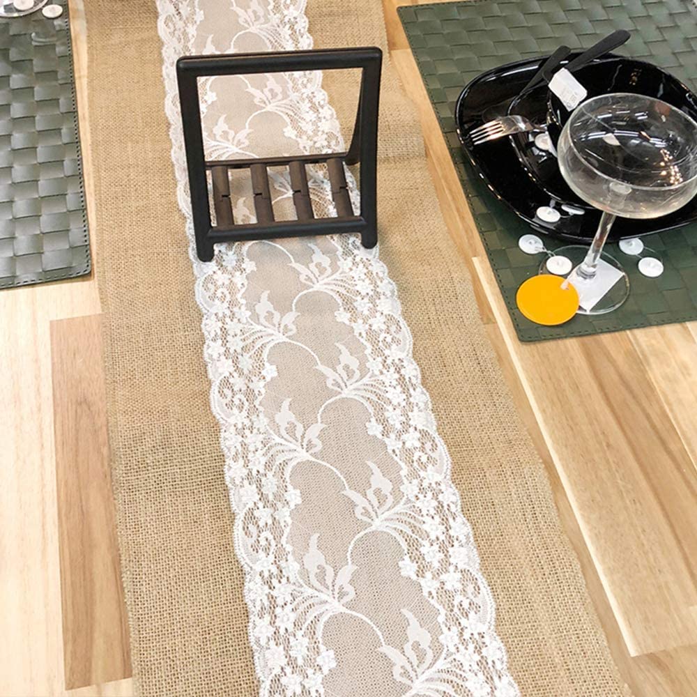 10 Stücke Tischläufer mit Spitze, Juteband Tischband Natur Hochzeit Deko Vintage Tischdeko Hochzeitsdeko Rustikal 30 cm breit 275cm Rolle
