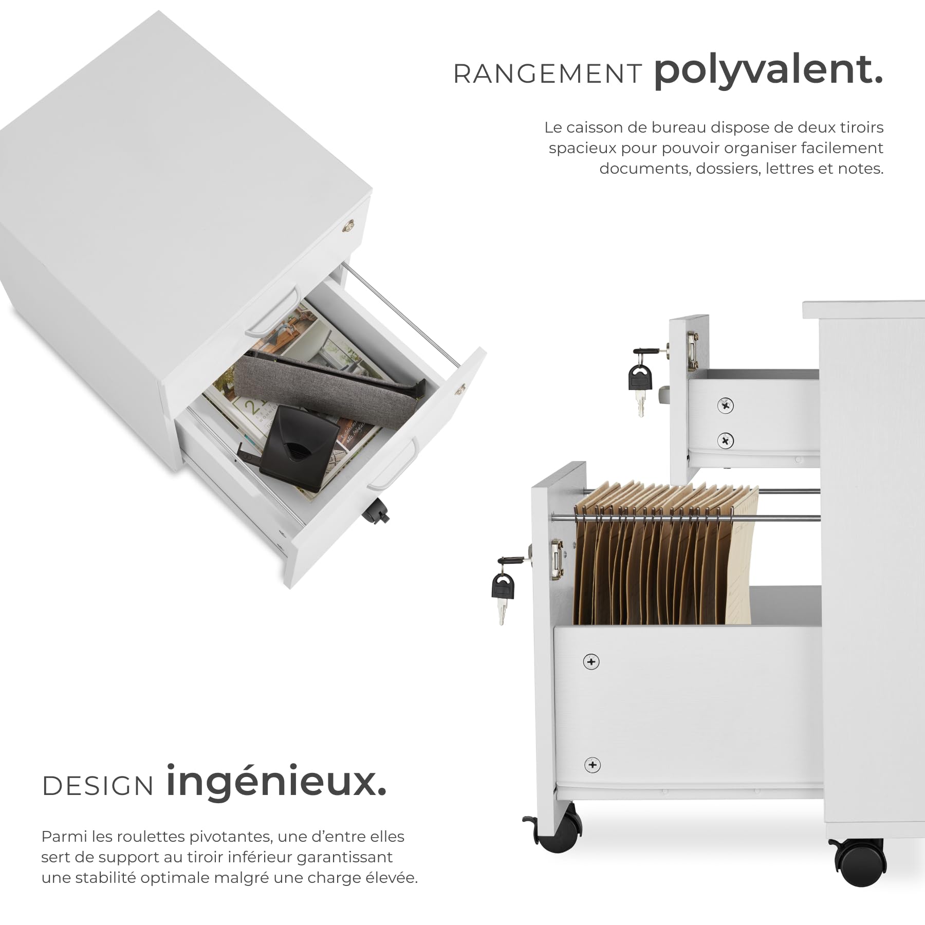 tectake® Caisson Bureau Meuble de Rangement Industriel 40x44x54,5 cm Verrouillable Meuble tiroir Rangement Bureau avec 2 Tiroirs pour Range Document Support imprimante Organisation