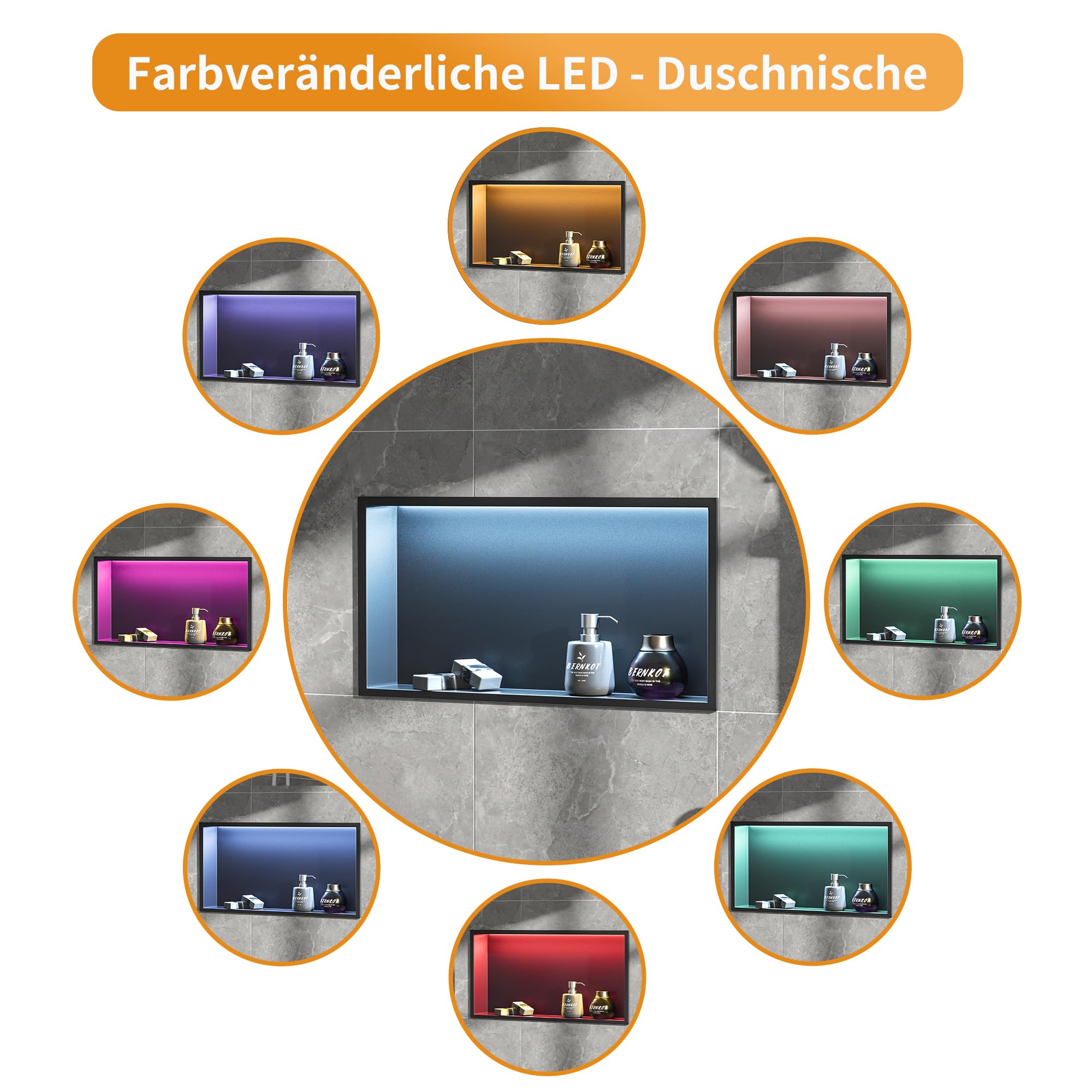 Duschnische Edelstahl mit RGB LED, Wandnische für das Bad | 20 dynamische Beleuchtungsmodi, Wandnische Dusche mit Fernsteuerung und Farbwechselbeleuchtung, 60cm×30cm, Schwarz