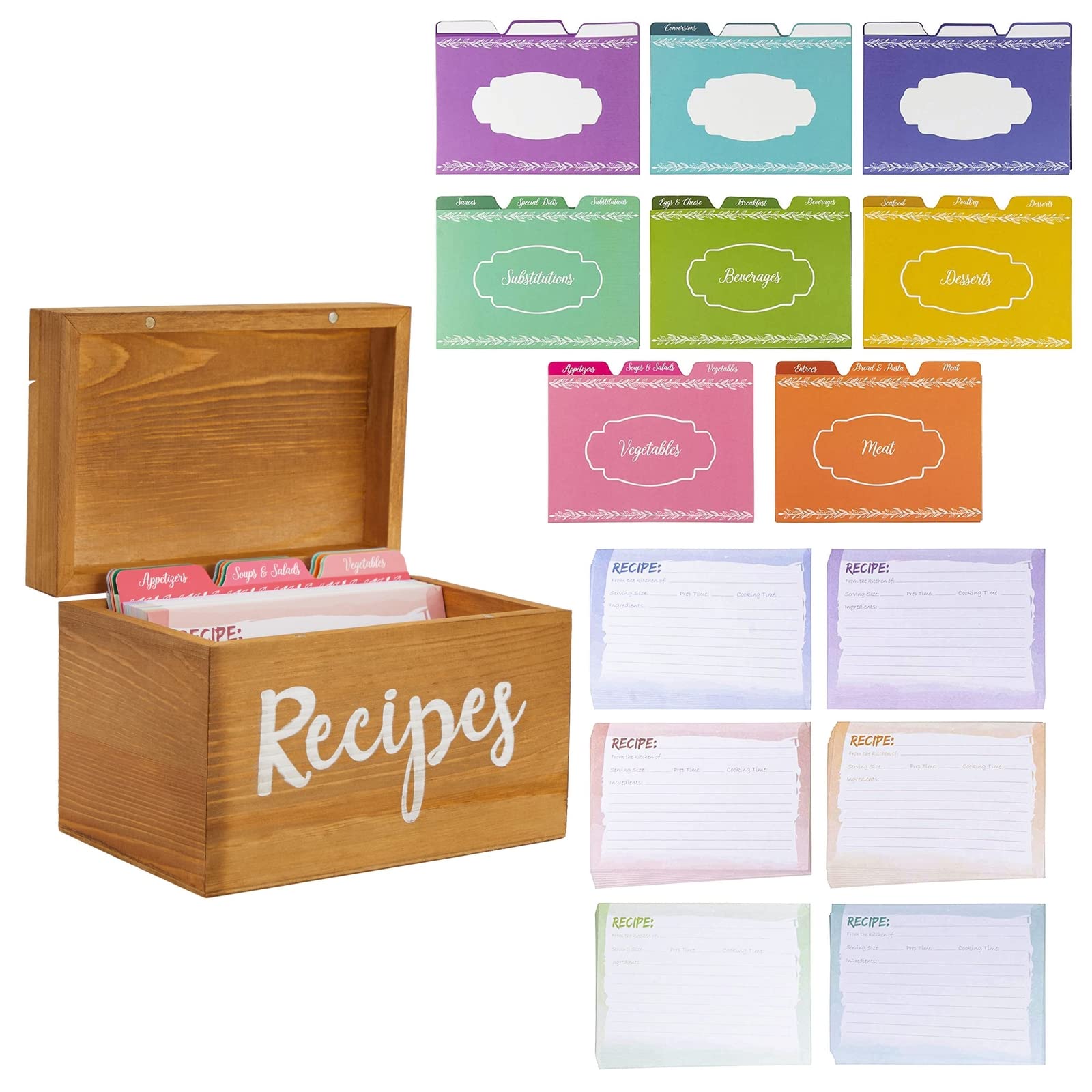 Juvale Wooden Recipe Box with 60 Cards and 24 Dividers with Meat, Veggie, Dessert Tabs (18 x 12.7 x 11.9 cm)