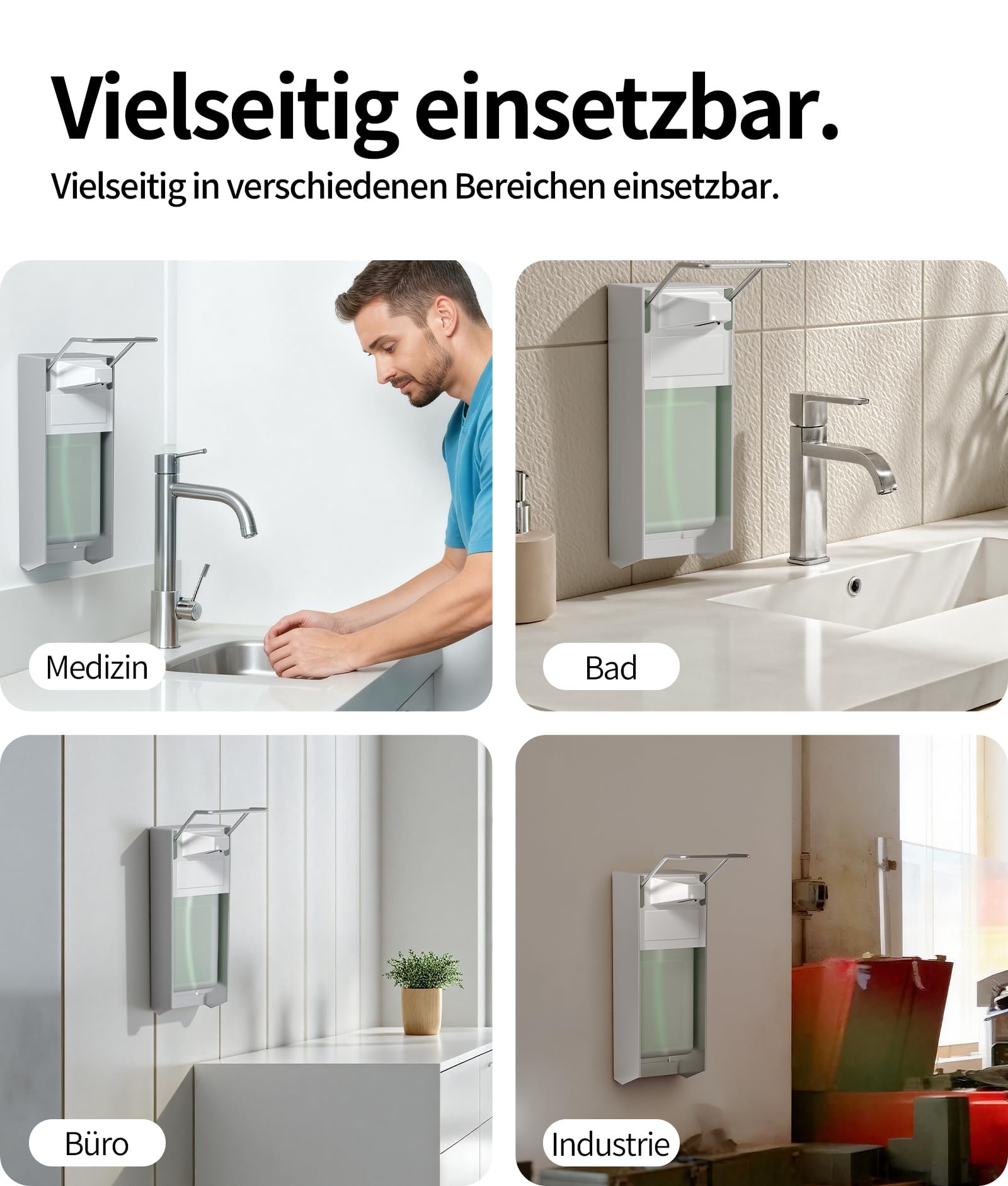 Eurospender,2er Set,Seifenspender Wandbefestigung, Soap Dispenser Mit Ellbogendruck Für Desinfektionsmittel Und Handseifen, Weißer Seifenspender, Aluminium,500ML