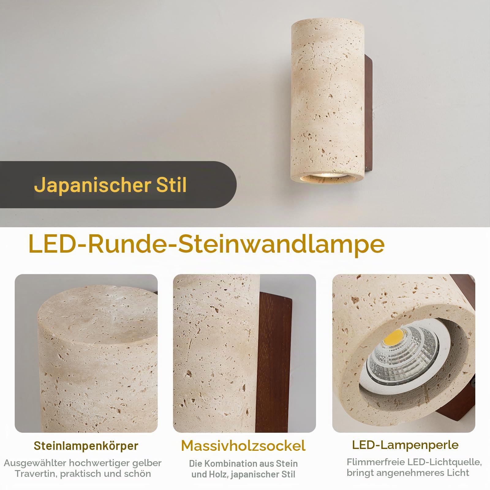 7W Gelber Travertin Wandleuchte Japanische Wabi Sabi Wandlampe Stein Lampe Warmweiße wandleuchten Wandleuchte innen lampen Geeignet für Schlafzimmer, Esszimmer, Küche, Diele, Flur Zylindrisch