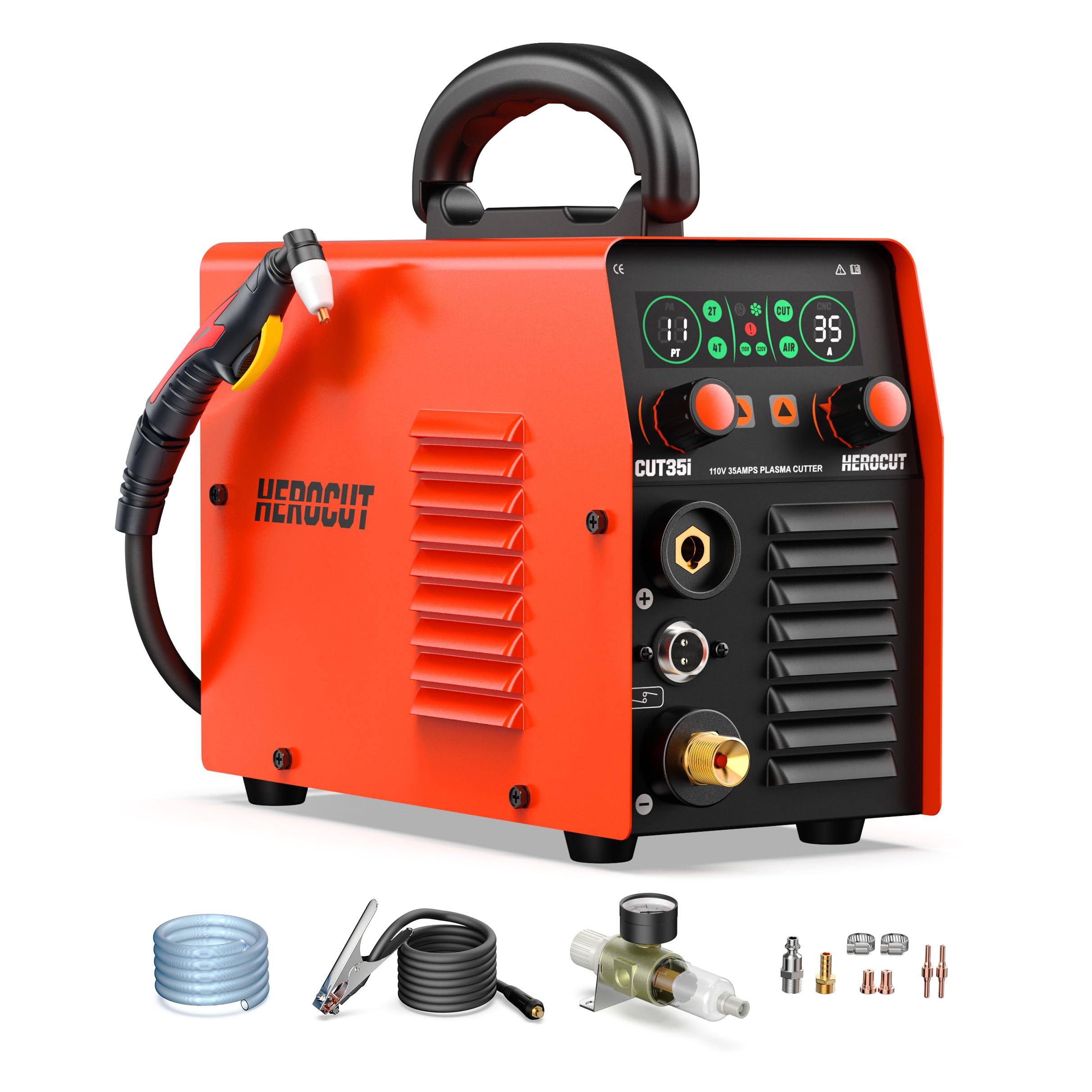 Plasma Cutter, 35Amps HEROCUT Plasma Cutter Machine CUT35i, Screen Display 110V High-Frequency IGBT Inverter Technology Post Flow and 2T/4T, Max Cutting Thickness 10mm for Beginners DIY
