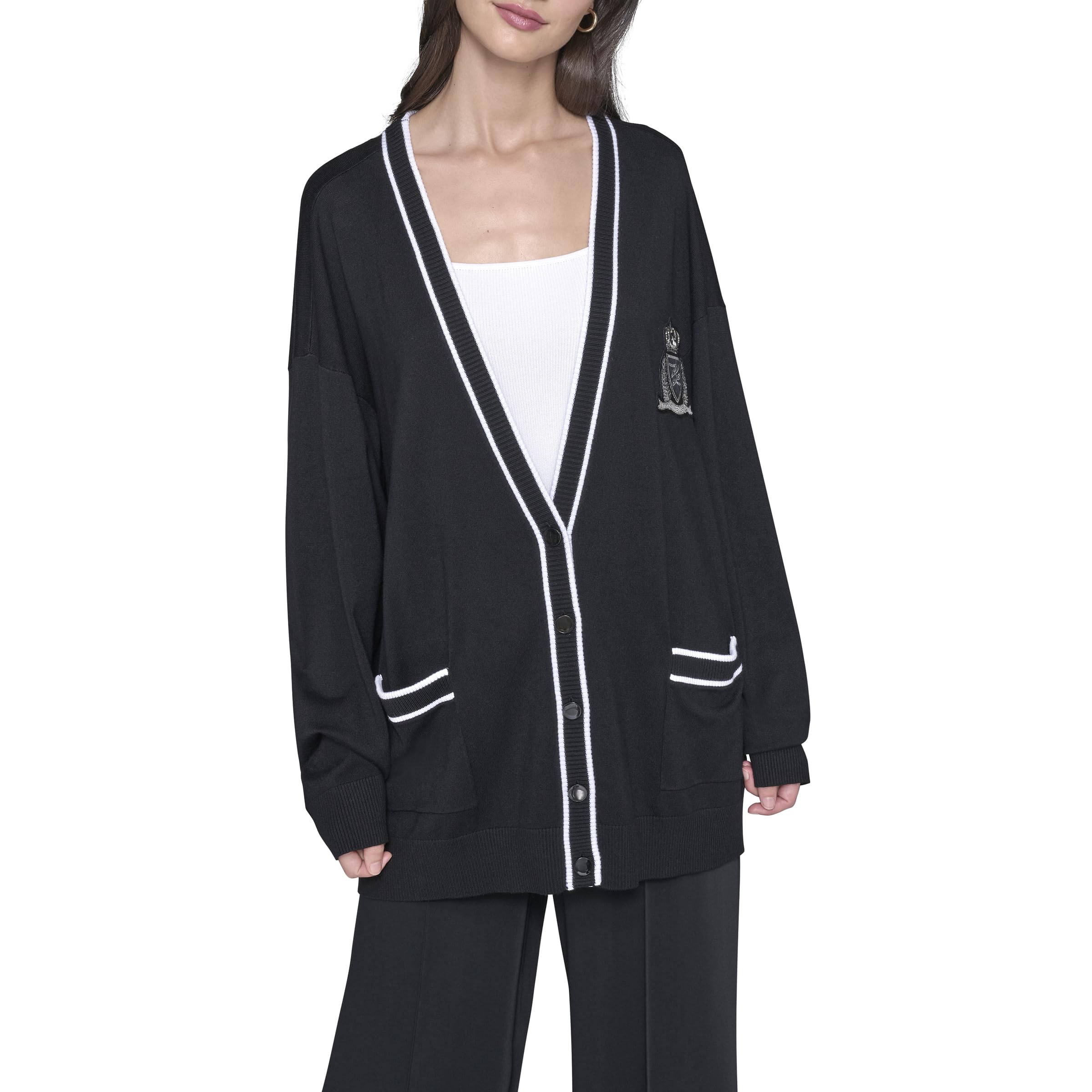 KARL LAGERFELD womens Varsity Cardigan With Patch Sweater