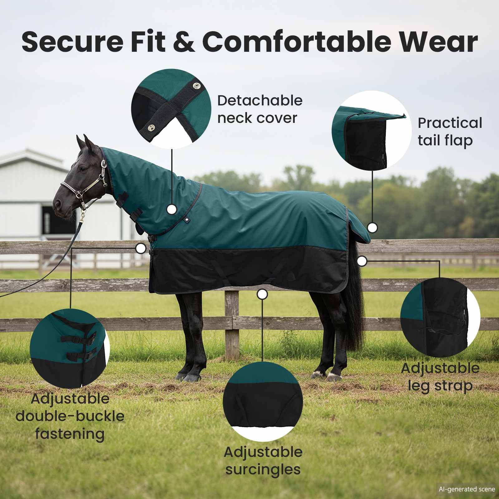 vidaXL Manta para Caballo Verde Oscuro y Negro 165 cm Poliéster, Manta Ecuestre Moderna, Cubierta de Invierno, Impermeable, Lavable, Caliente para tu Caballo