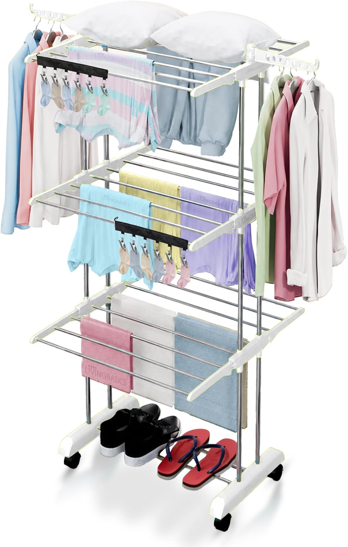 LIVINGBASICS 2 Icon Clips with 3 Layer Clothes Stand for Drying/Cloth Drying Stand for Balcony/Stainless Steel Dryer Rack (Snow White, 64 x 174 x 74 cm)
