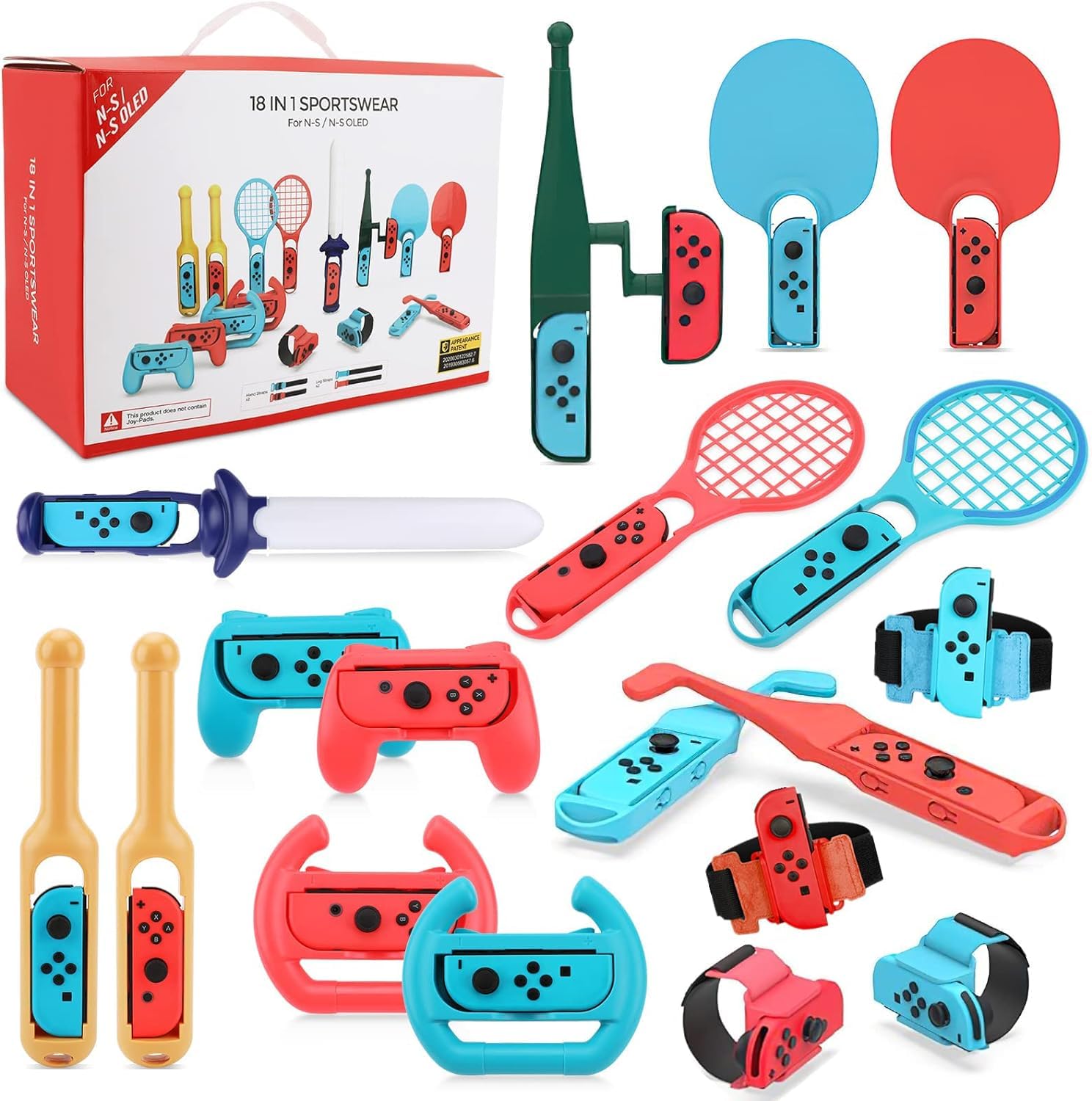 18 in 1 Switch Sport Games Accessories Bundle for Nintendo Switch Games, Family Bundle Accessory Kit with Tennis Racket Controller Grips Racing Wheel Bandage Golf Club Wheels Drum Stick Fishing Rod