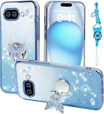 for Google Pixel 9a Not Fit Pixel 9 Phone Case,for Pixel 9a Mobile Phone Case for Women and Girl, Glitter Butterfly Floral TPU Protective Cover with Kickstand+Strap for Google 9A Blue