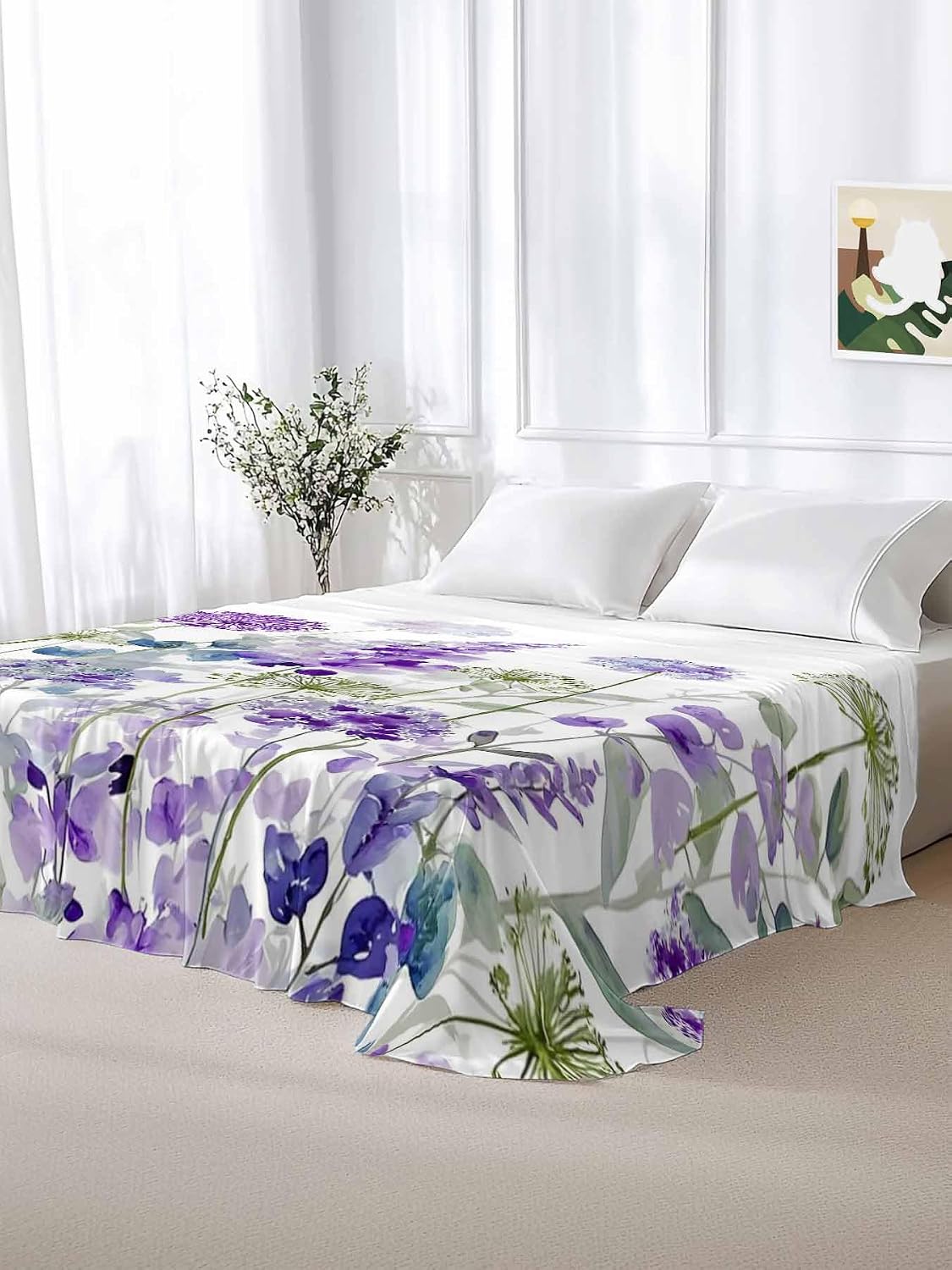 Top Sheet Full Bedding Flat Sheet Only, Spring Purple Flowers Microfiber Bed Sheets Soft Breathable Bedding Flat Sheets, Country Plants Dandelion Hotel Luxury Top Sheets
