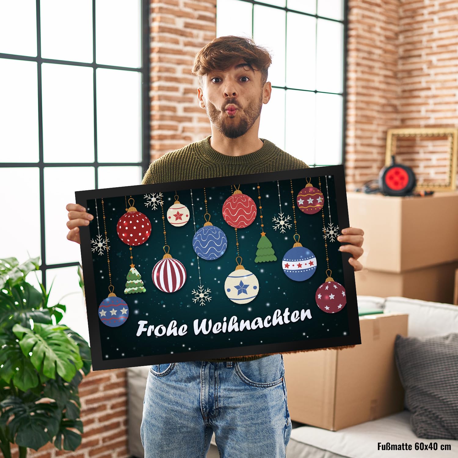trendaffe - Frohe Weihnachten Fußmatte XXL mit Christbaumkugeln Motiv