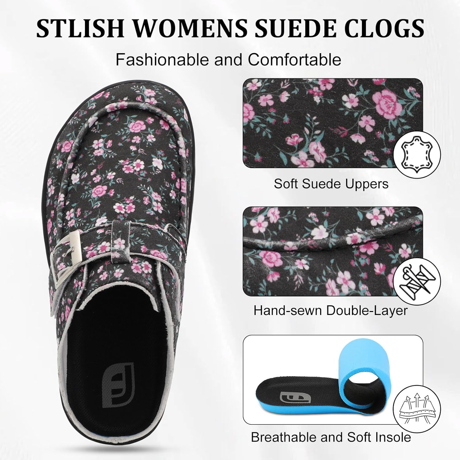 JOINFREE Womens Wide Suede Clogs Zero Drop Potato Shoes Diabetic Mules for Swollen Edema Comfort Slip on Sandals with Adjuatable Buckle Indoor & Outdoor Use Flower Size 8 - Image 5