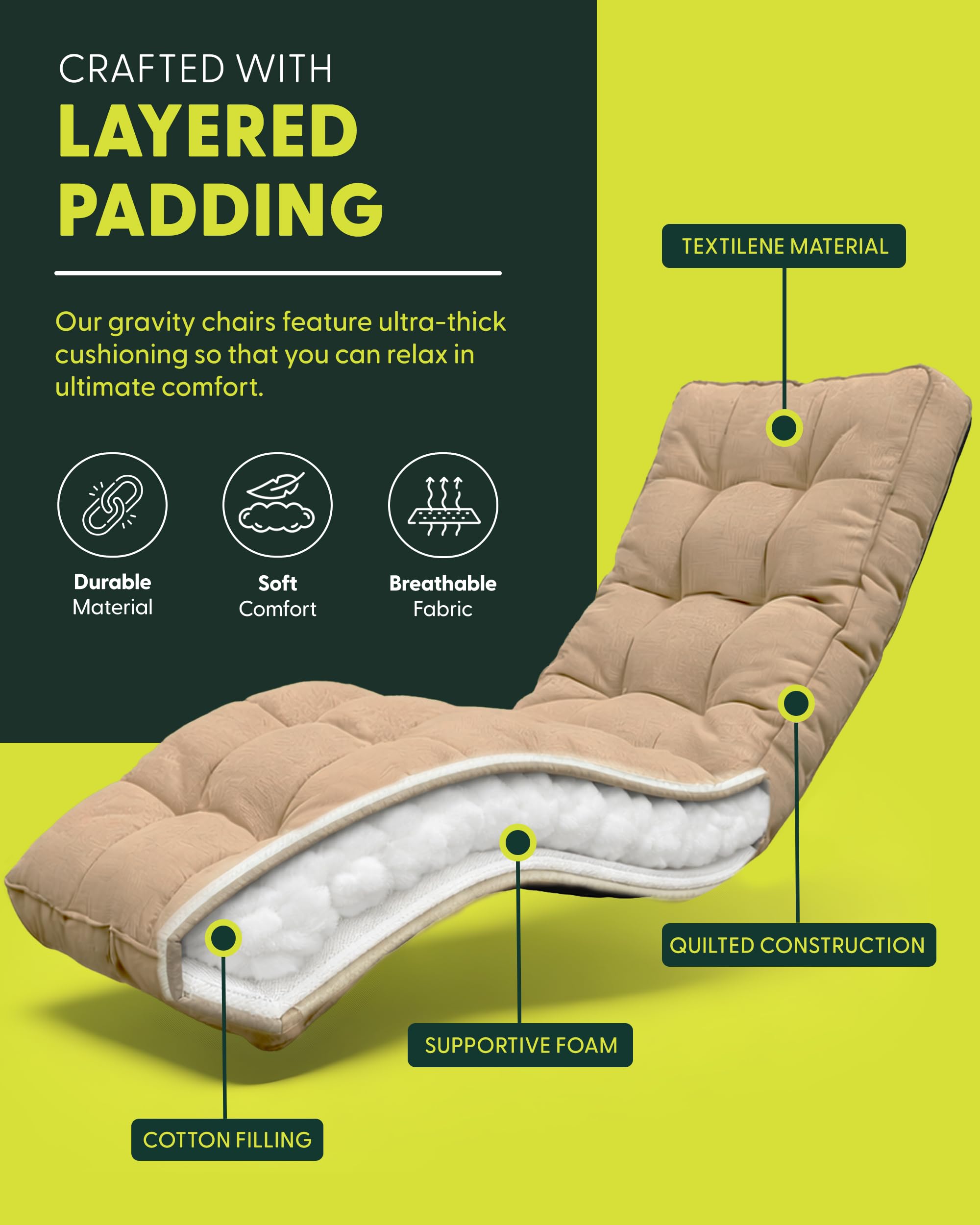 KEPLIN Square Tube Gravity Chair with Cushion 1 Pack – Extra Wide 72cm Zero Gravity Reclining Garden Chair, Reinforced Frame Supports 150kg, Locking System, Cup Holder, Foldable Sun Lounger — view 5