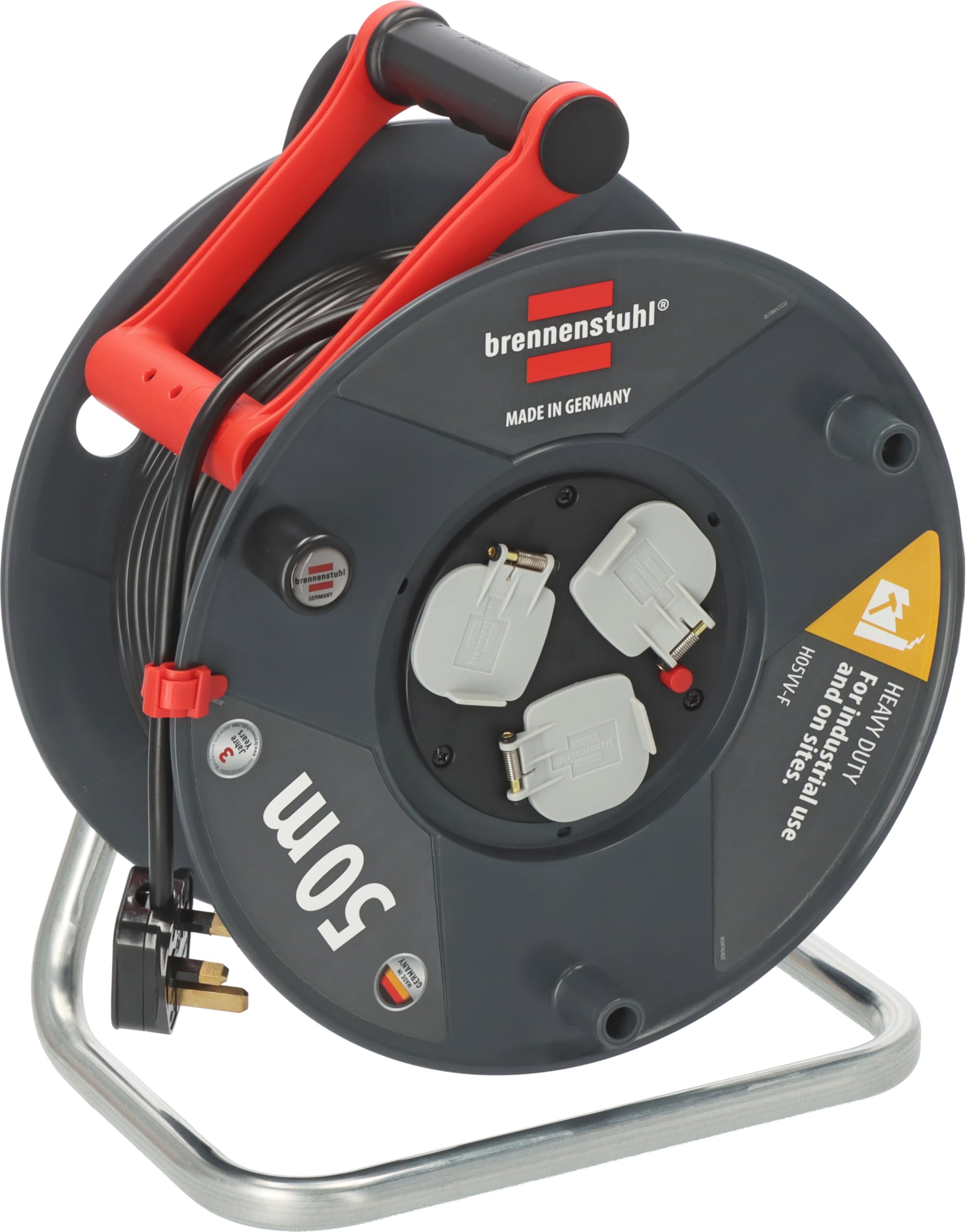 Carrete de cable 50m Brennenstuhl Garant con triple enchufe y mango ergonomico para extension